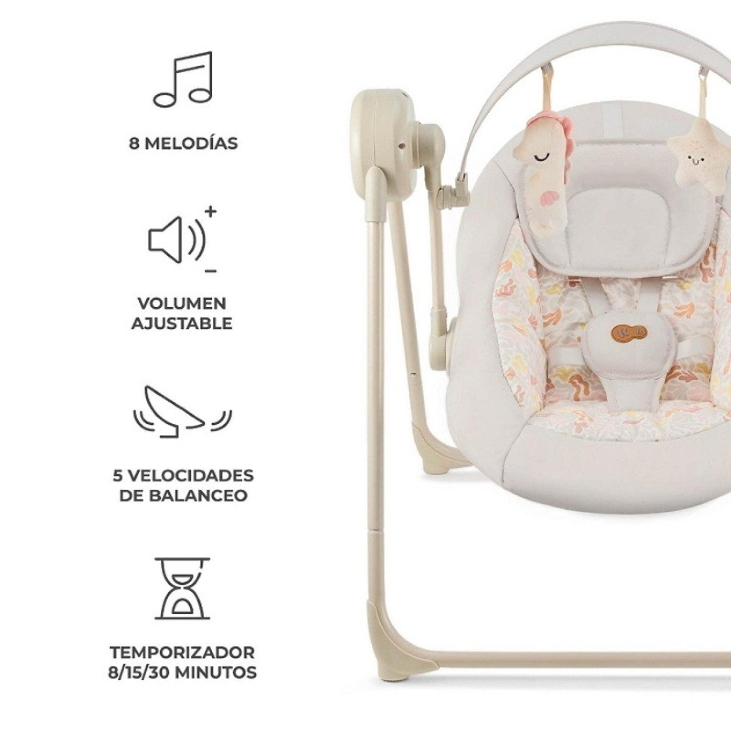 Ein beiger Babyschaukel mit 8 Melodien, Lautstärkeregelung, 5 Geschwindigkeiten und Timer.
