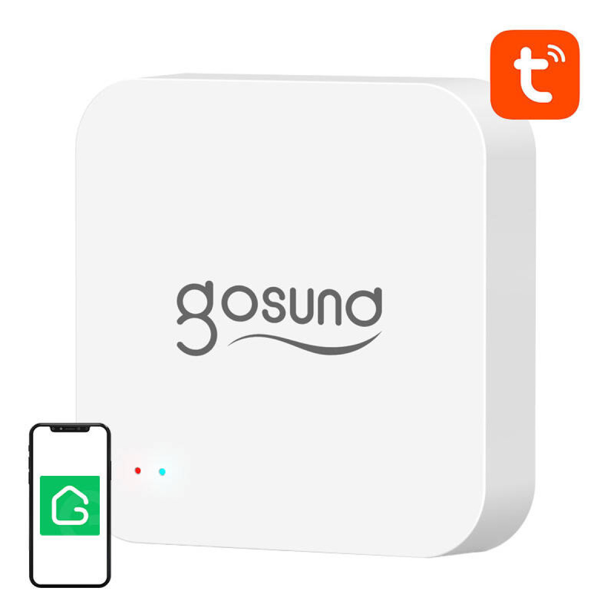 Białe urządzenie smart home z logo 'gosund' i smartfonem.