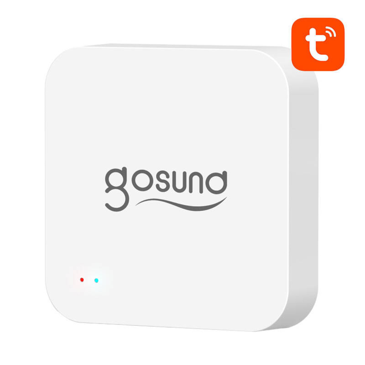 Białe urządzenie Gosund z pomarańczowym logo w prawym górnym rogu.