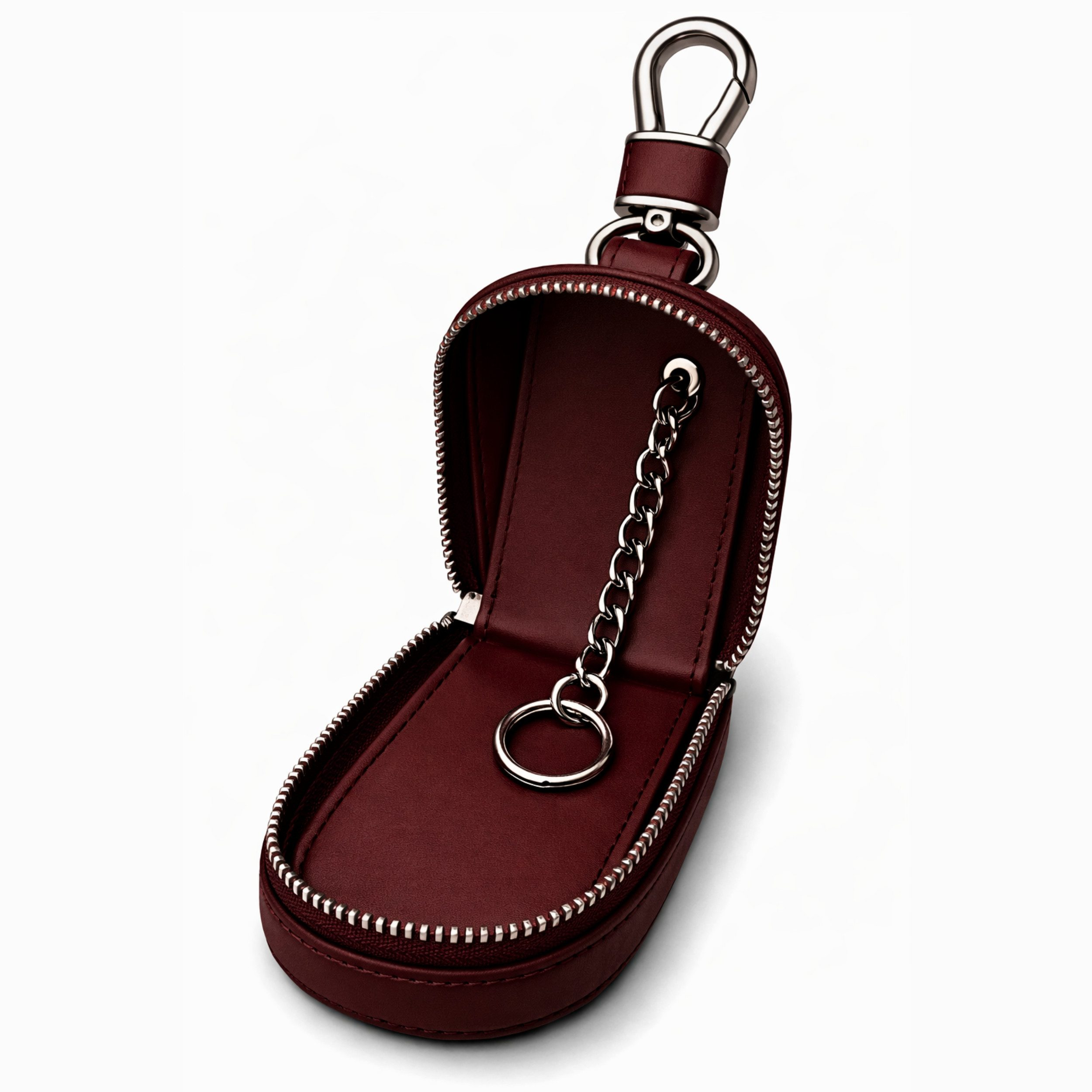 Rote Leder-Schlüsseletui mit silberner Kette und Karabinerhaken.