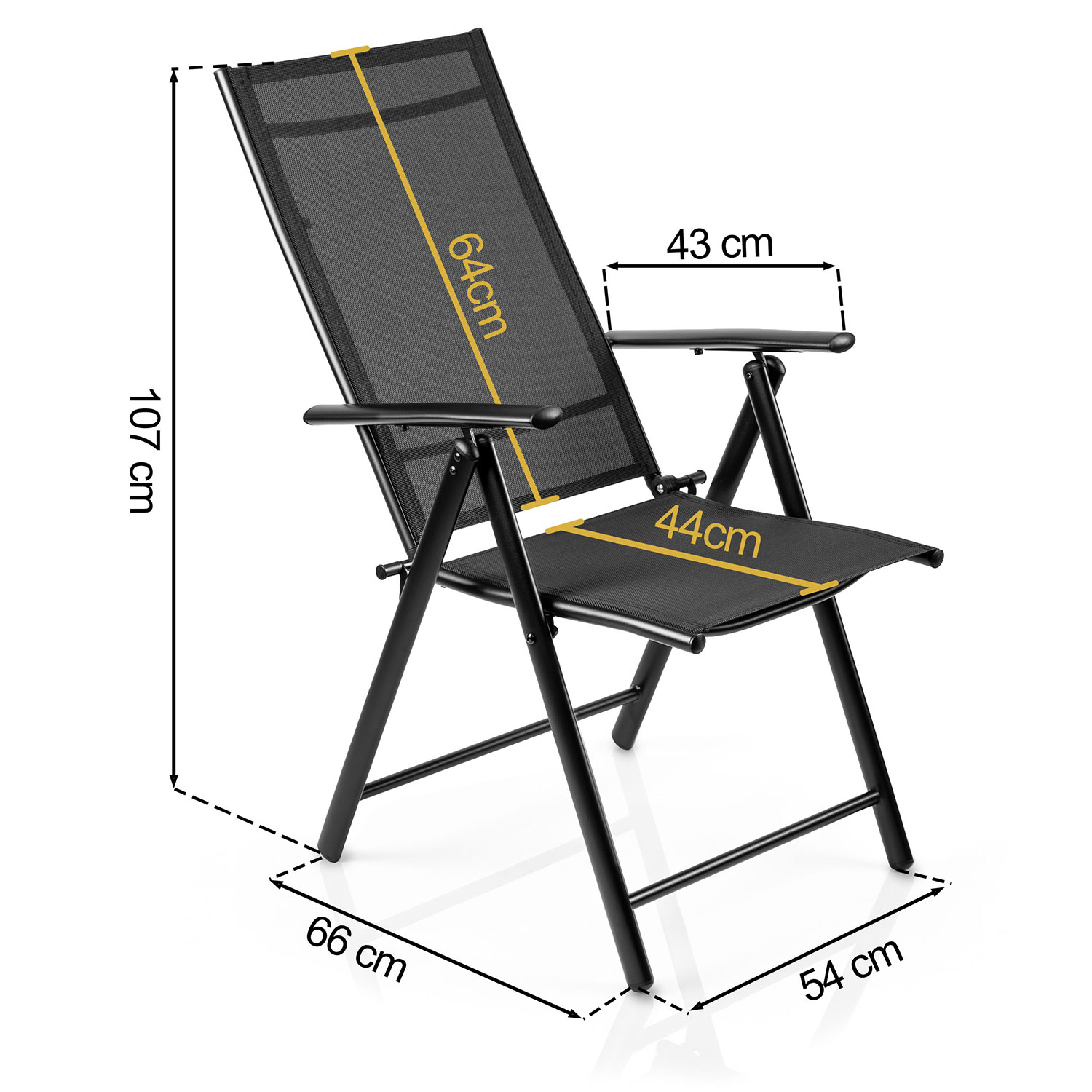 Czarny krzesło składane z wymiarami: 107cm H, 64cm oparcie, 44cm szerokość siedziska, 43cm podłokietnik.