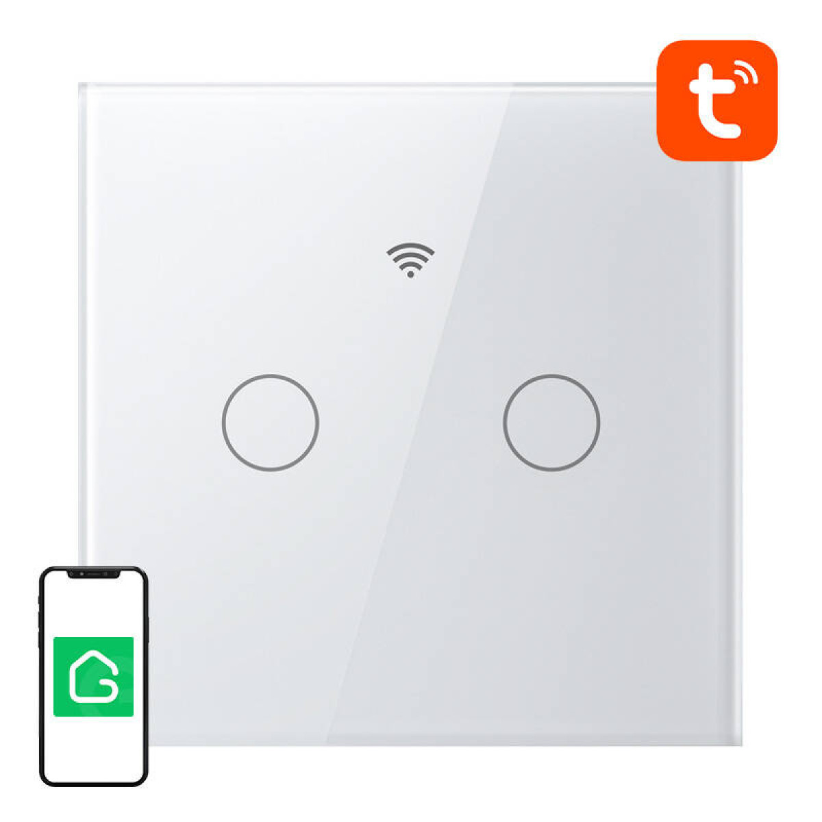Biały włącznik ścienny z dwoma kółkami i symbolem Wi-Fi.