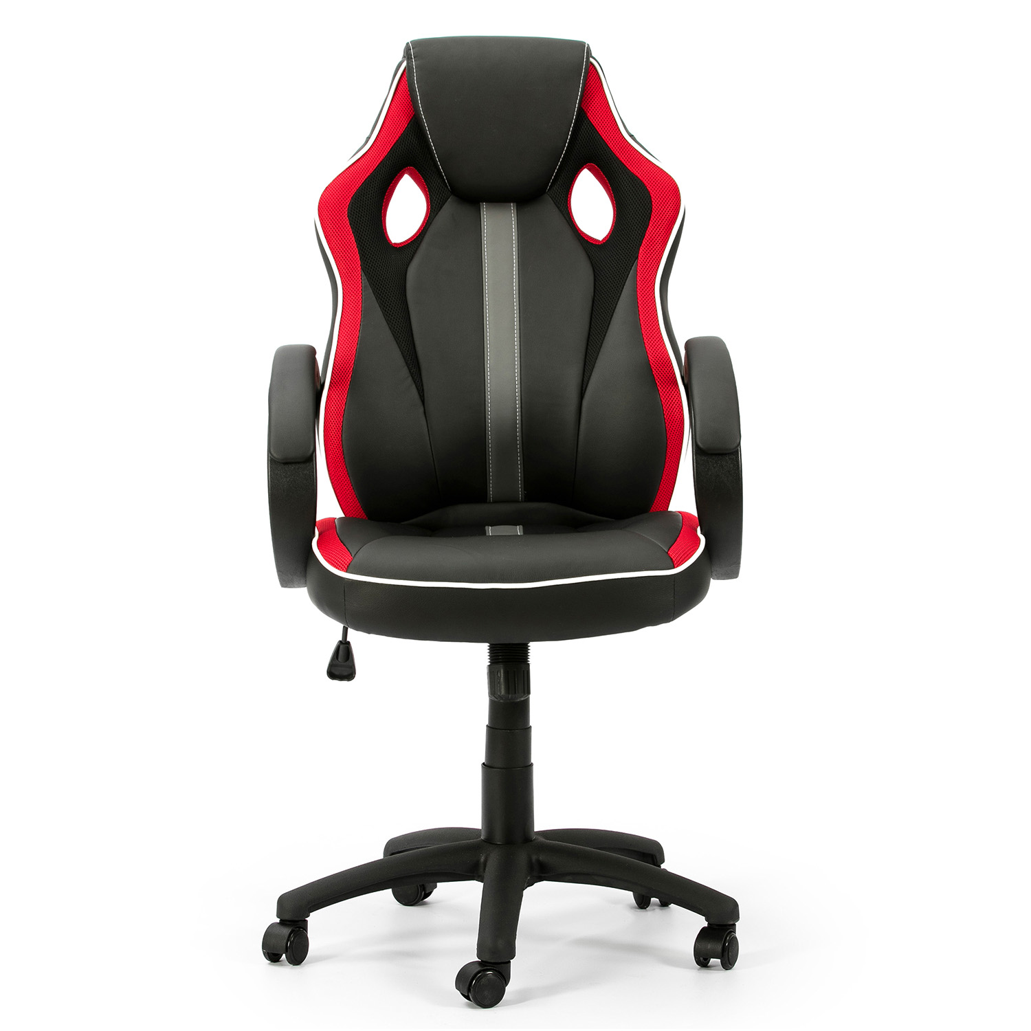 Silla de juegos negra con detalles rojos y blancos, sobre ruedas.