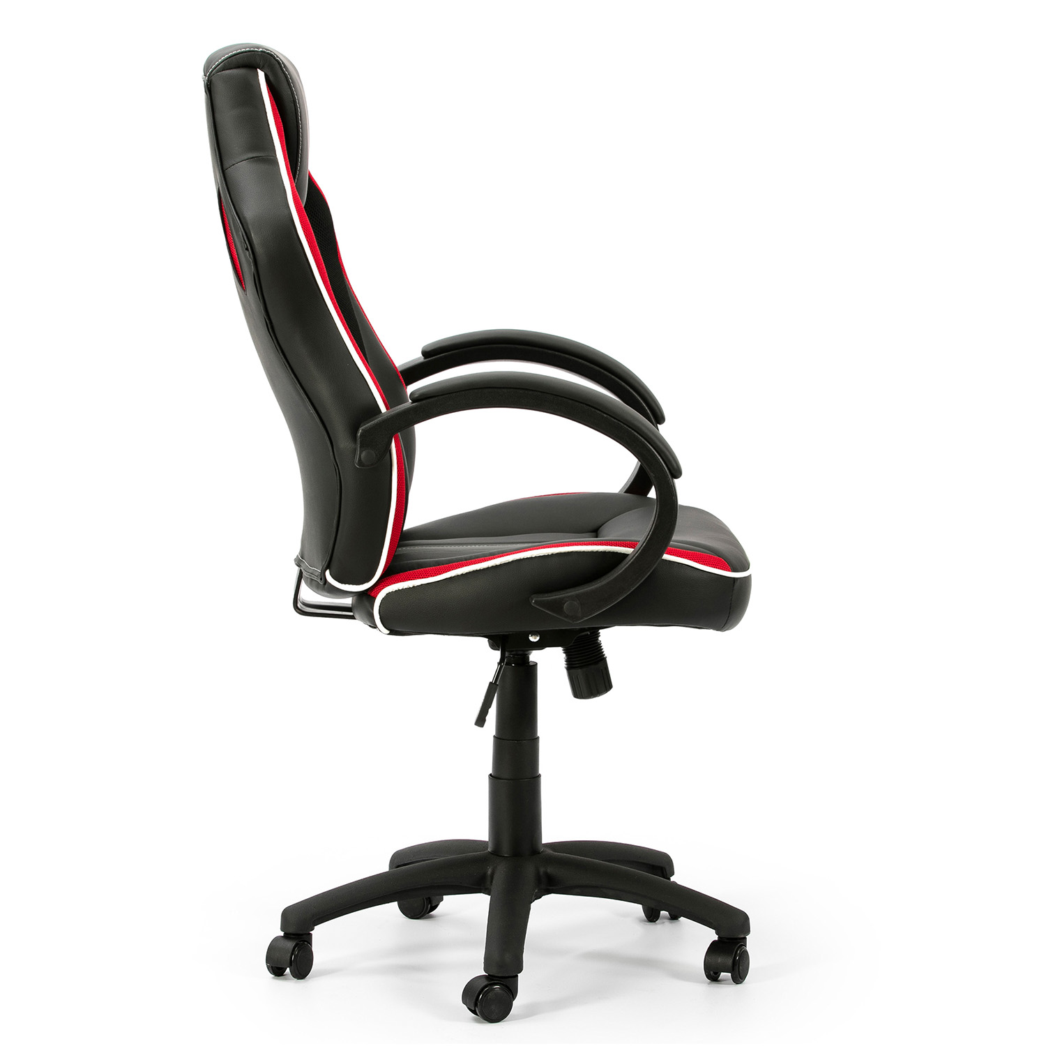 Silla de oficina negra con detalles rojos y blancos, vista de lado.