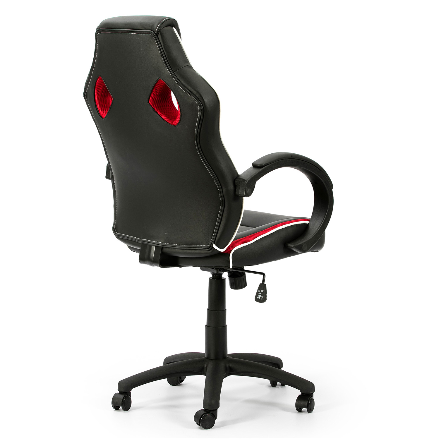 Silla gamer negra con detalles rojos y costuras blancas, vista desde atrás.