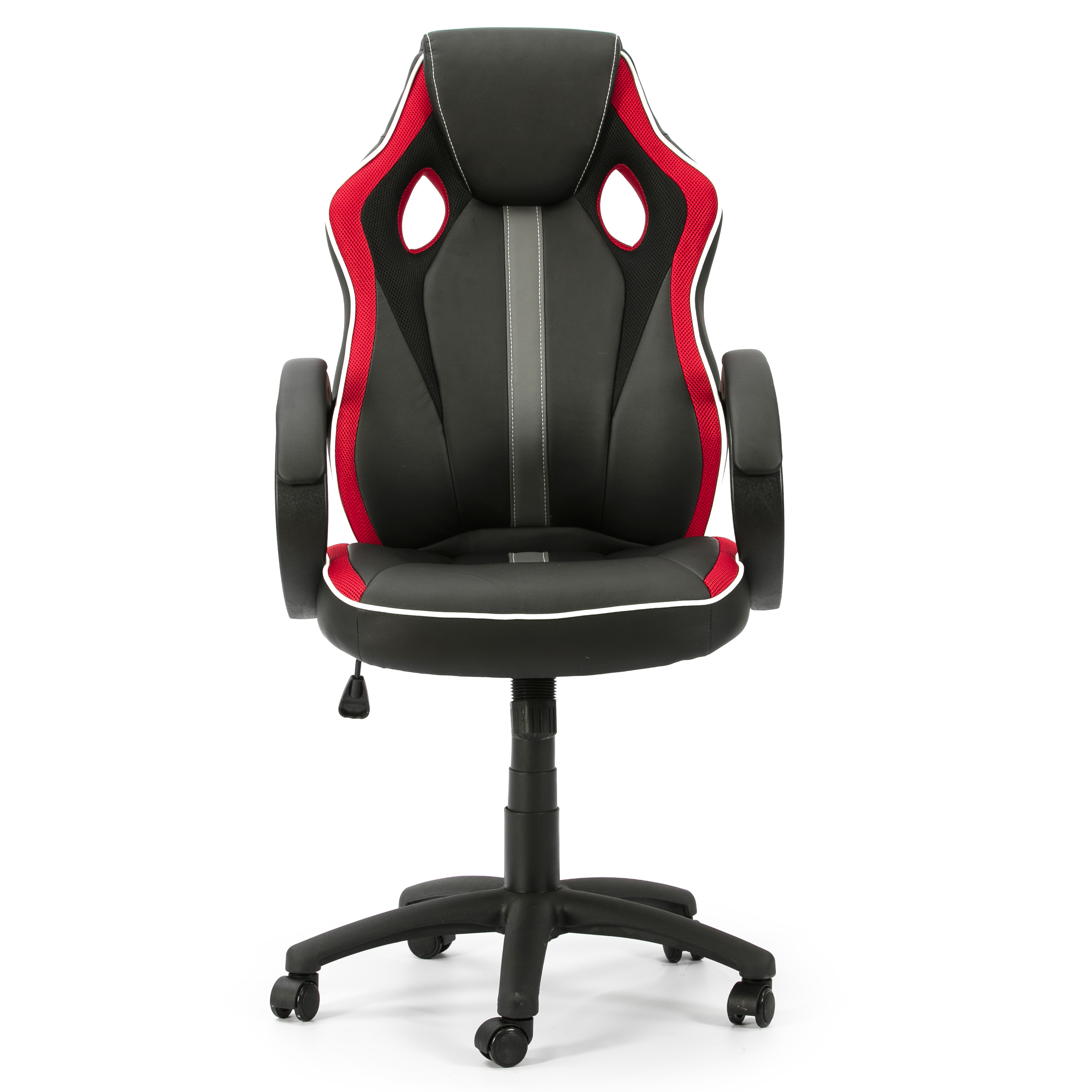 Silla de oficina negra con detalles rojos y ruedas.