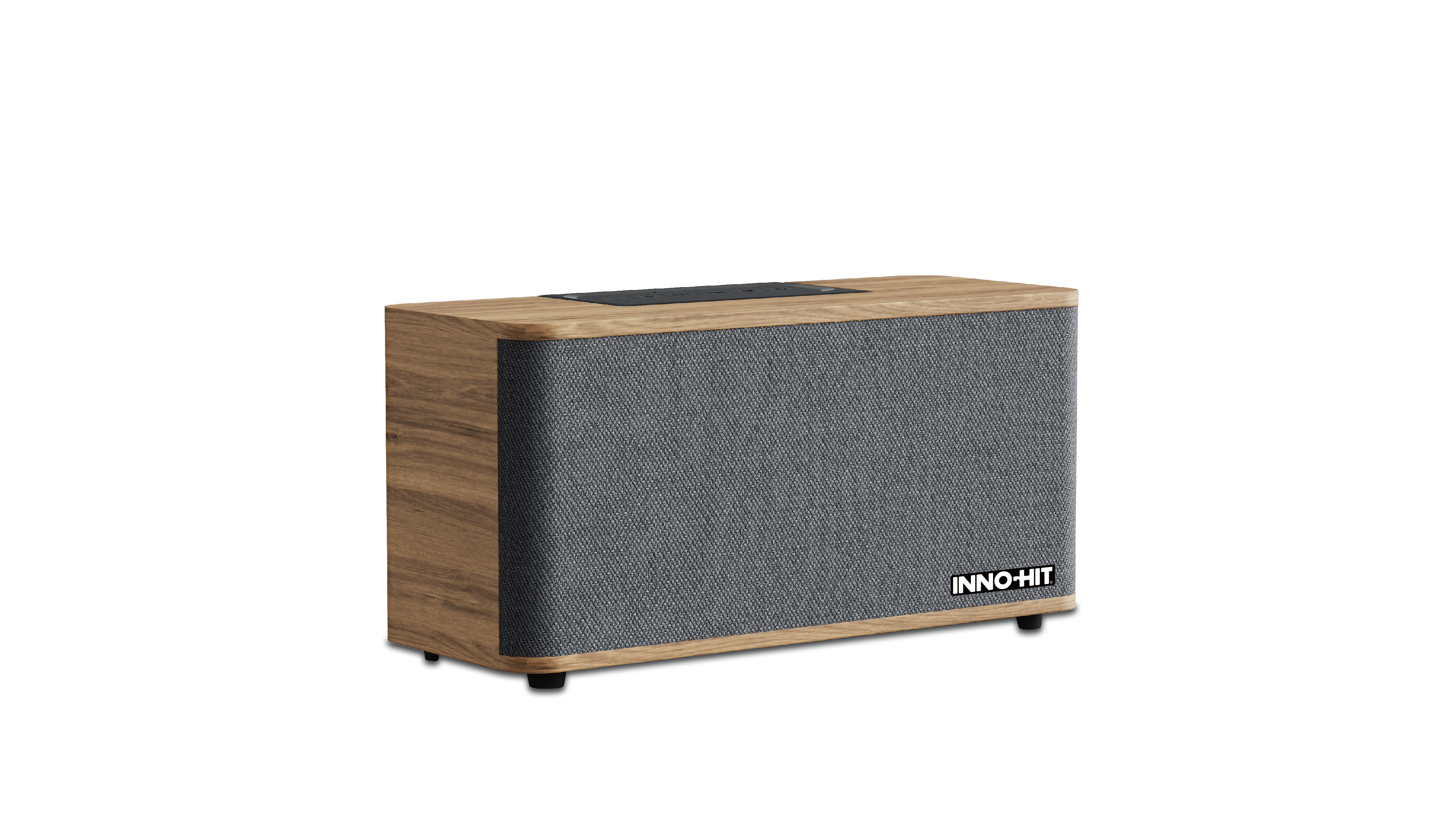 Ein Holzlautsprecher mit grauer Stoffbespannung und schwarzen Bedienelementen.