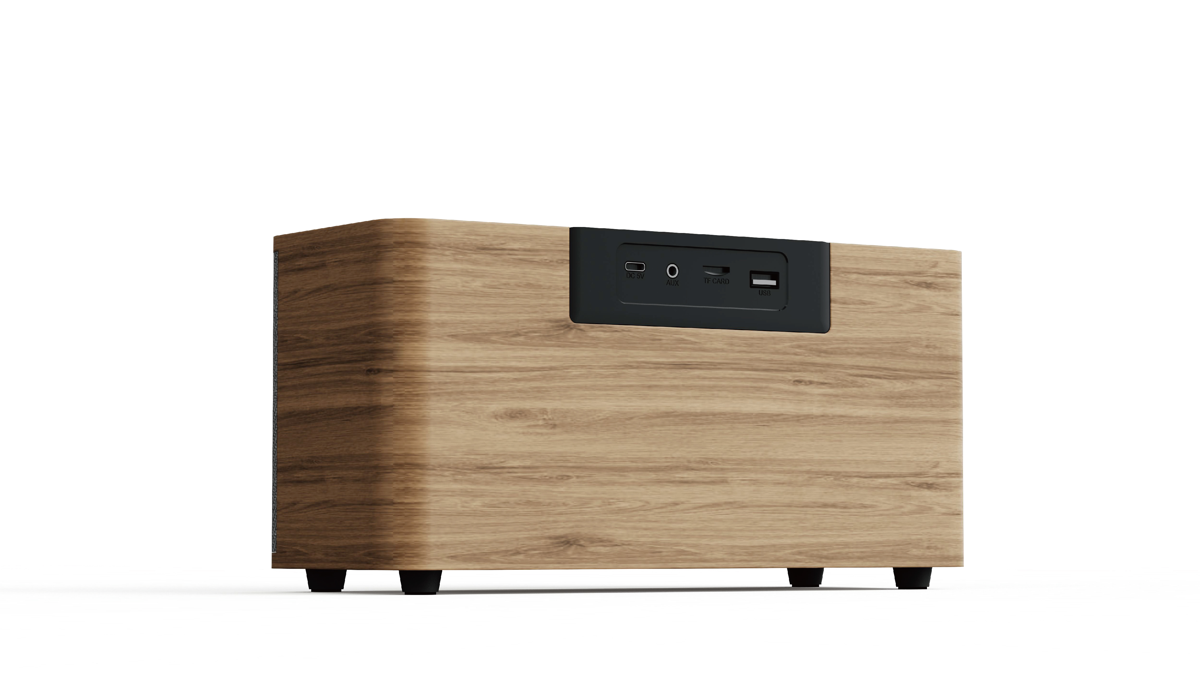 Ein Holzlautsprecher mit schwarzen Anschlüssen: USB, AUX, TF-Karte, DC 5V.