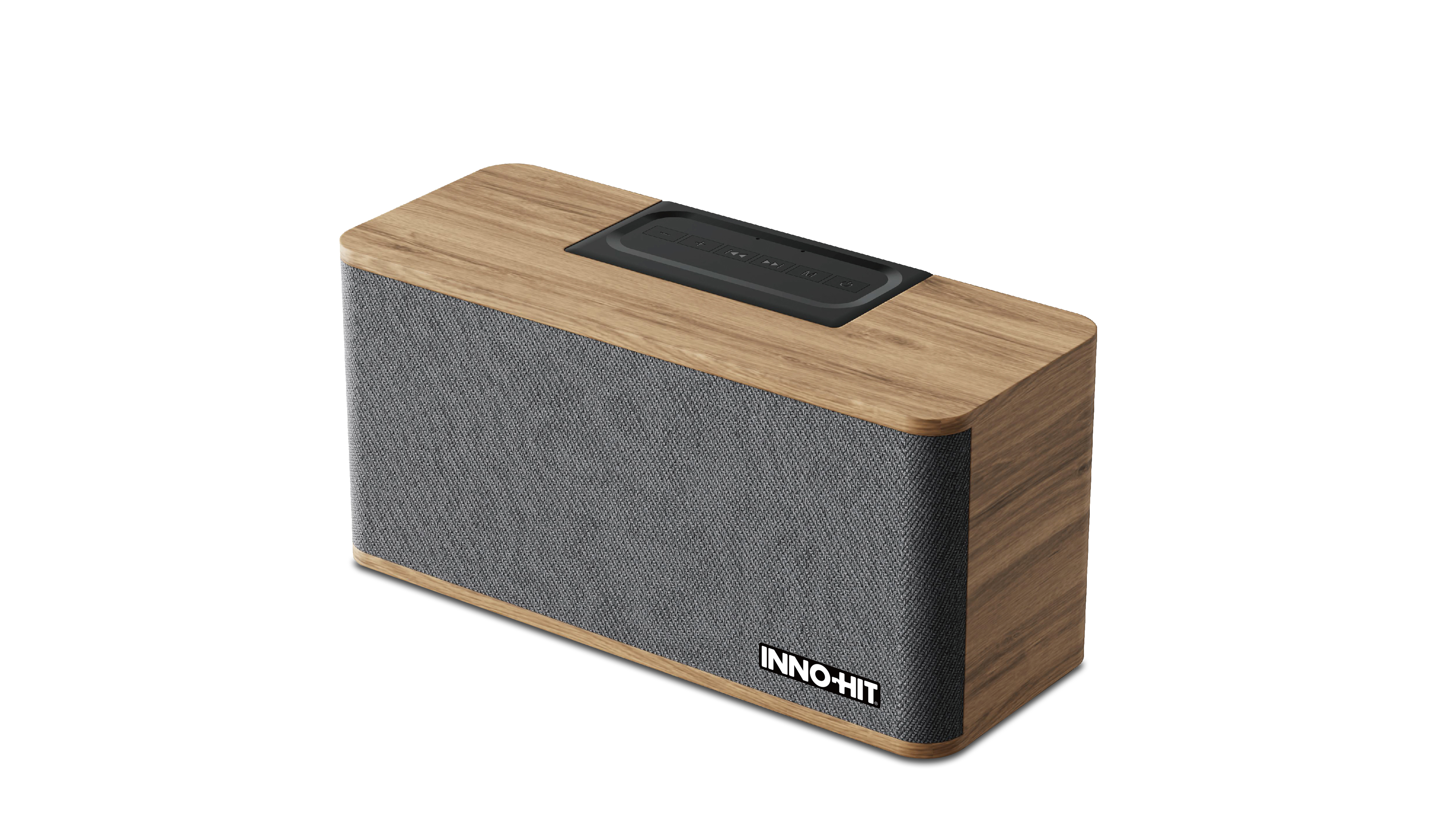 Ein Holz-Lautsprecher mit grauer Stoffbespannung und schwarzen Bedienelementen.