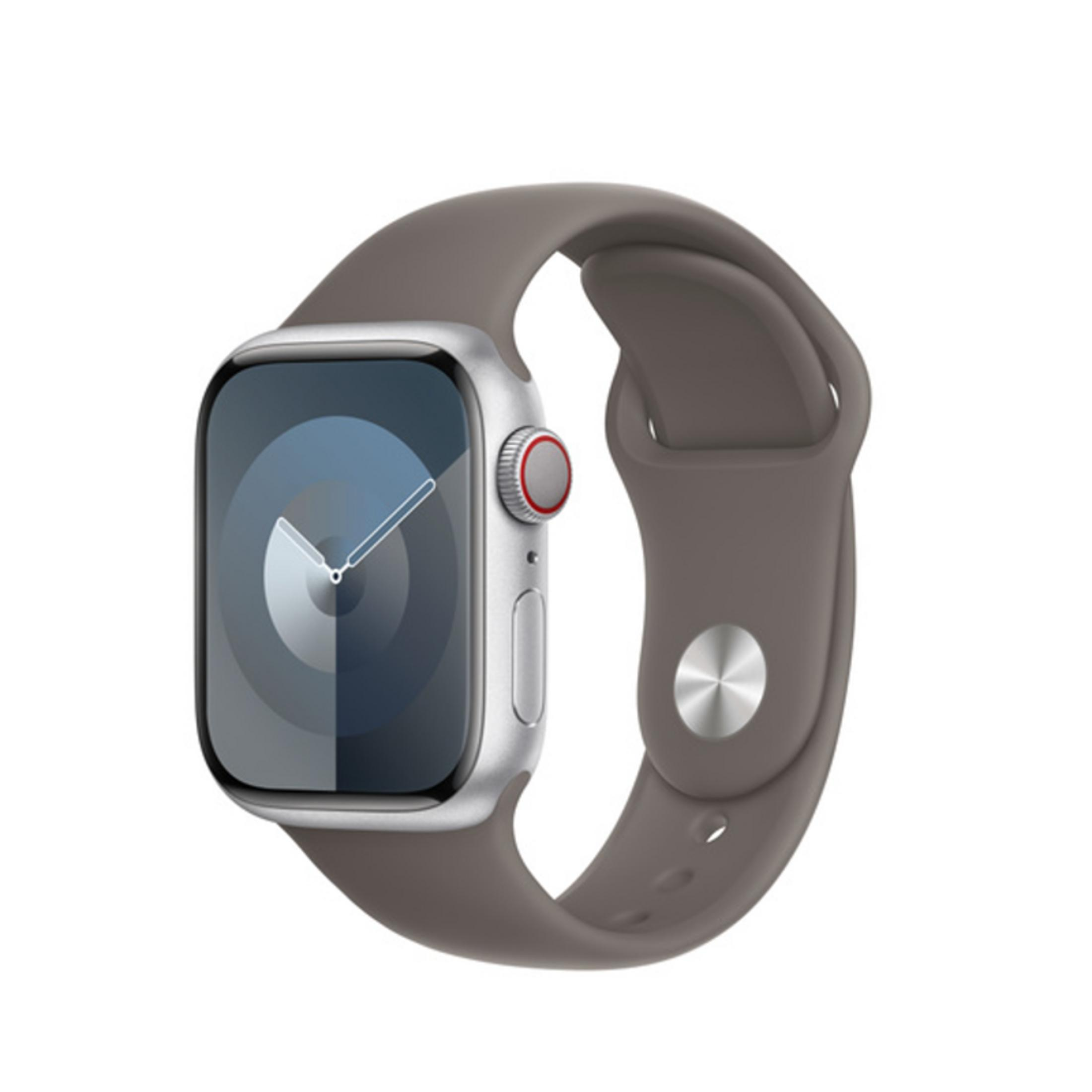 Een zilverkleurig smartwatch met grijze band wordt getoond tegen witte achtergrond.