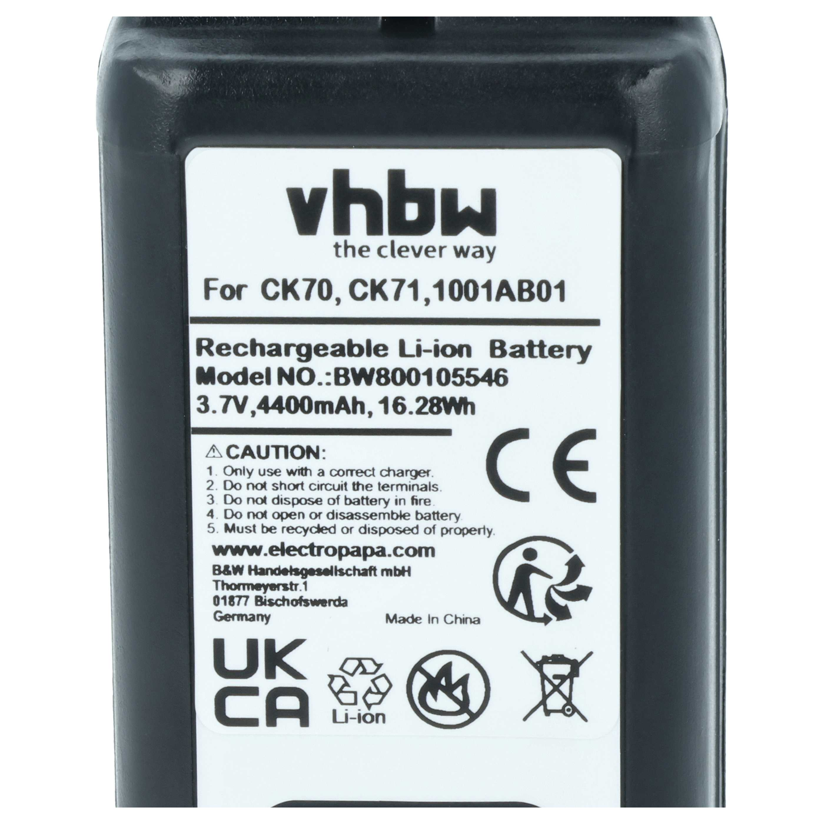 Schwarzer Akku mit weißem Etikett: vhbw, Modell BW800105546.