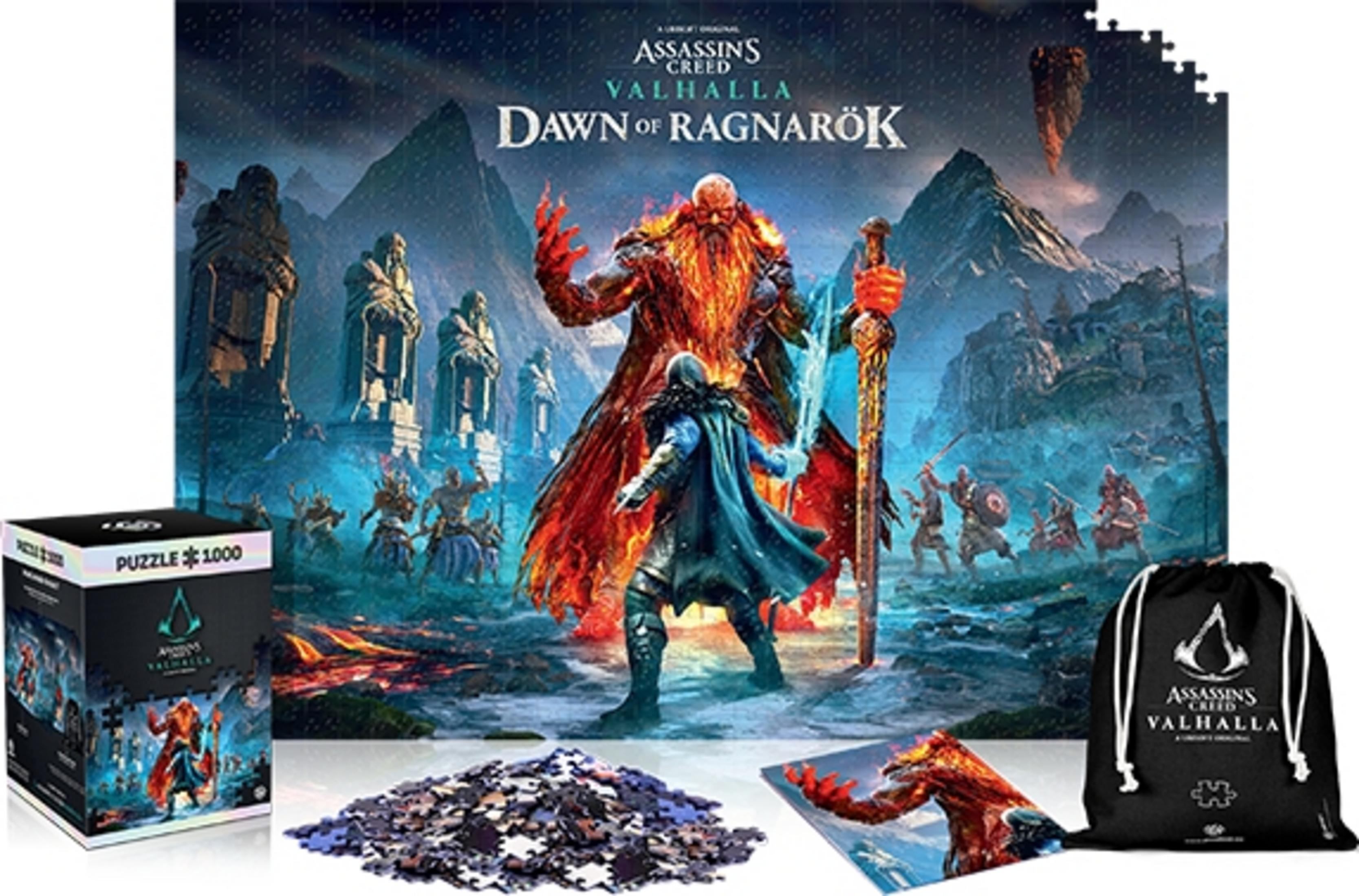 Assassin's Creed Valhalla Dawn of Ragnarok Puzzle mit Schachtel, Beutel und losen Teilen.