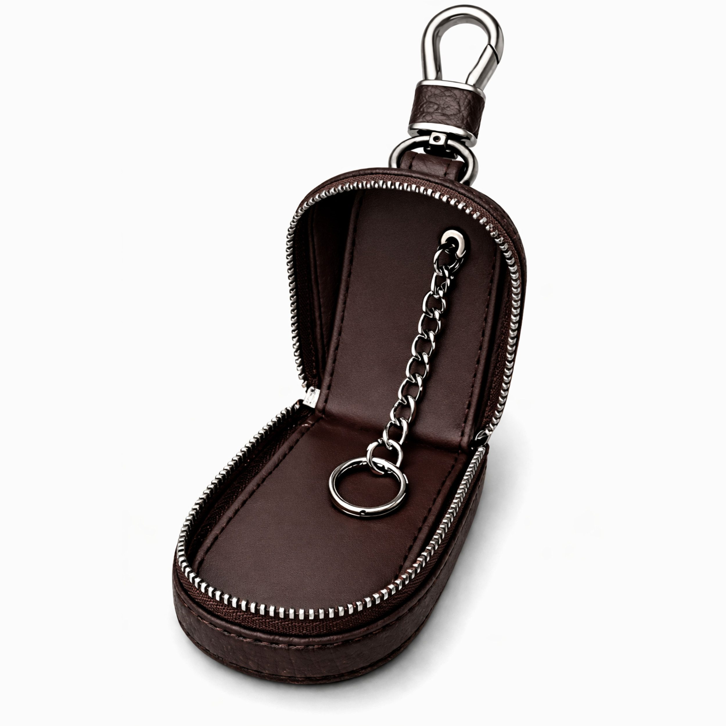 Braune Leder-Schlüsseltasche mit silbernem Reißverschluss und Kette.