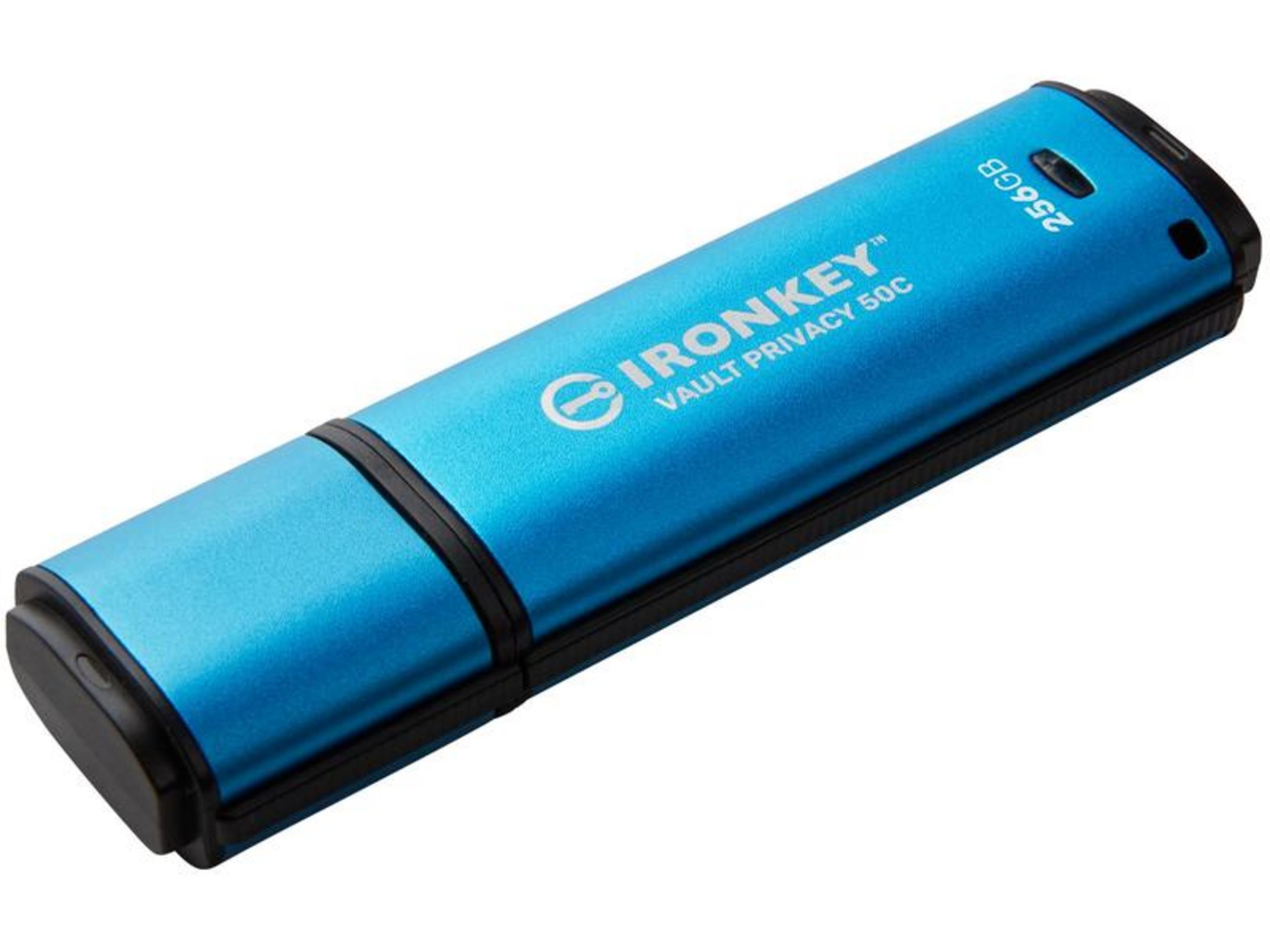 Una chiavetta USB blu con custodia nera, etichettata 256 GB.