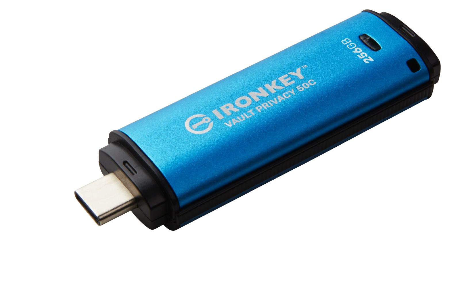 Chiavetta USB Ironkey Vault Privacy 50C blu con connettore USB-C e capacità di 256 GB.