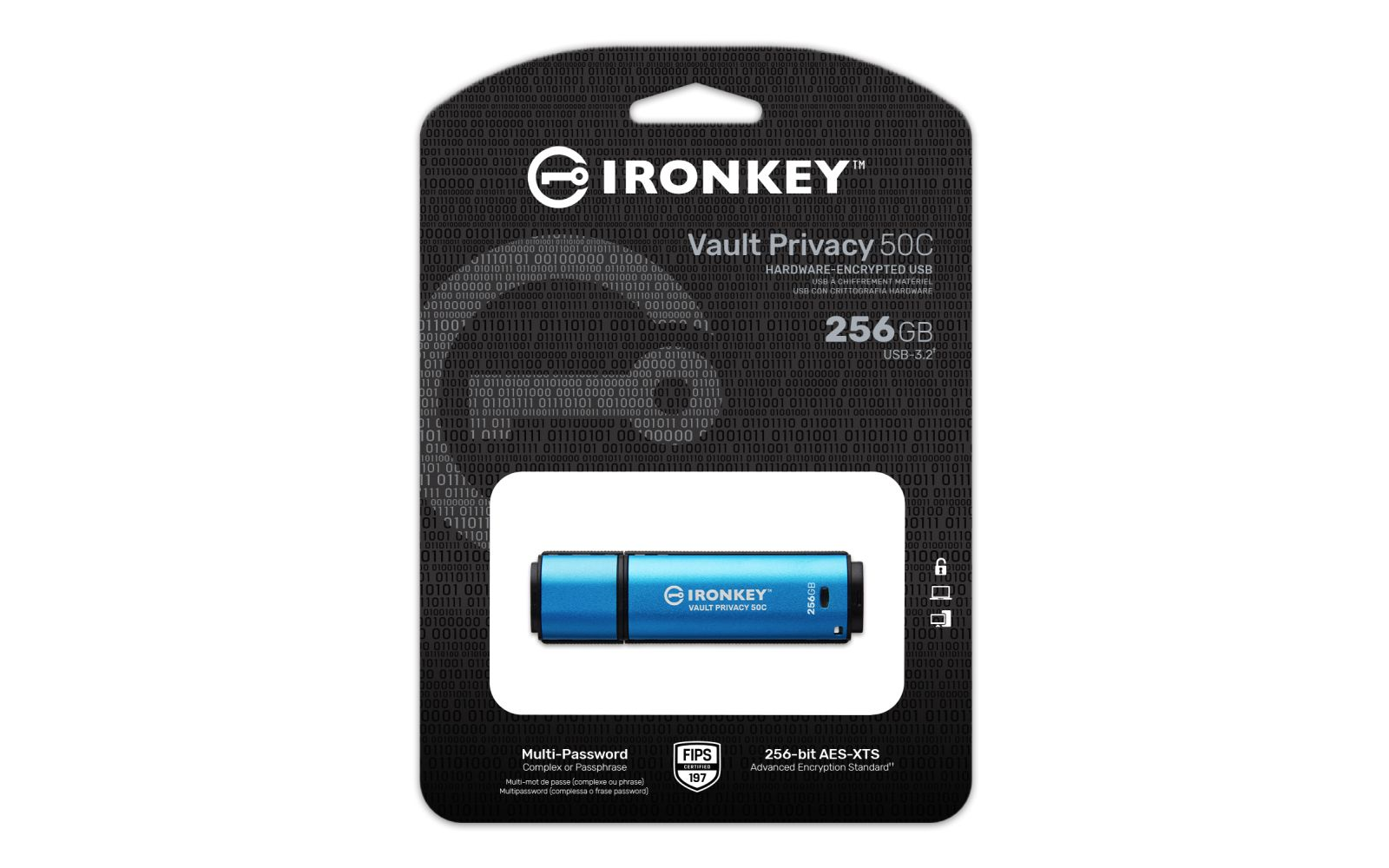 Chiavetta USB blu con logo IRONKEY, 256 GB, su sfondo binario.