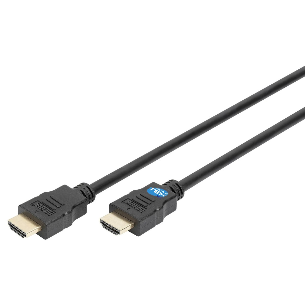 Beyaz arka plan üzerinde altın konektörlü iki siyah HDMI kablosu.