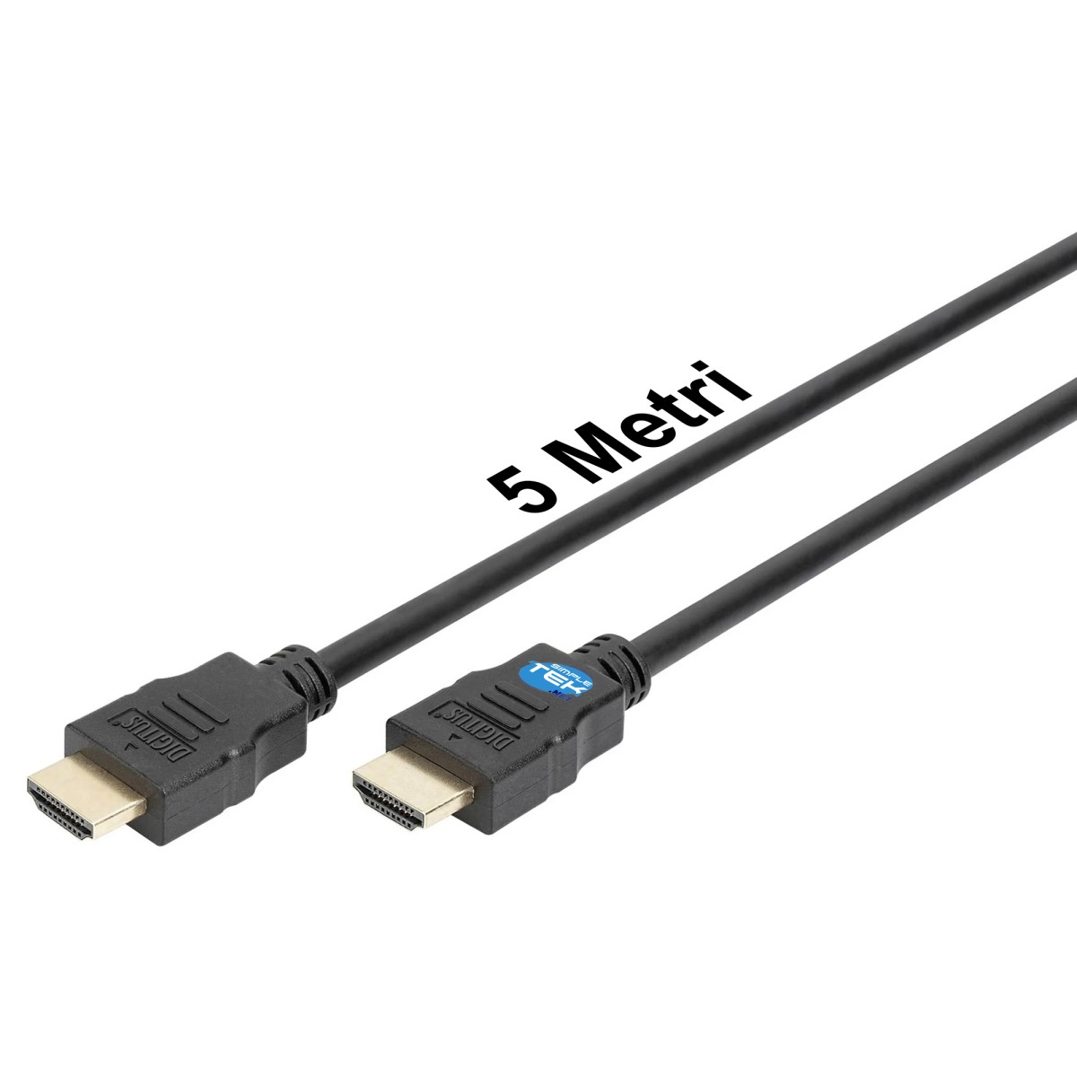 İki konektörlü ve 5 Metre yazılı siyah HDMI kablosu.