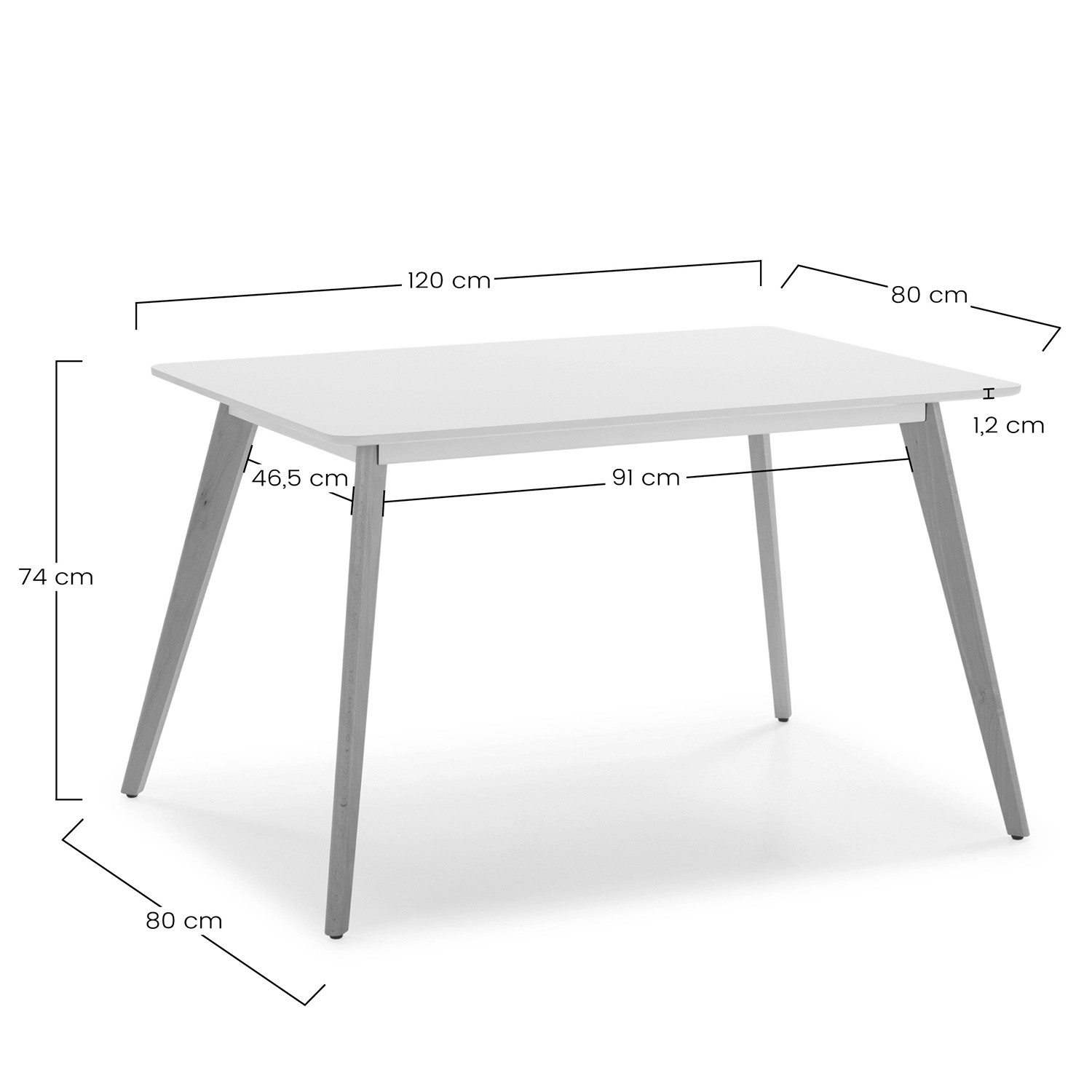 Mesa rectangular blanca con patas grises, dimensiones mostradas.