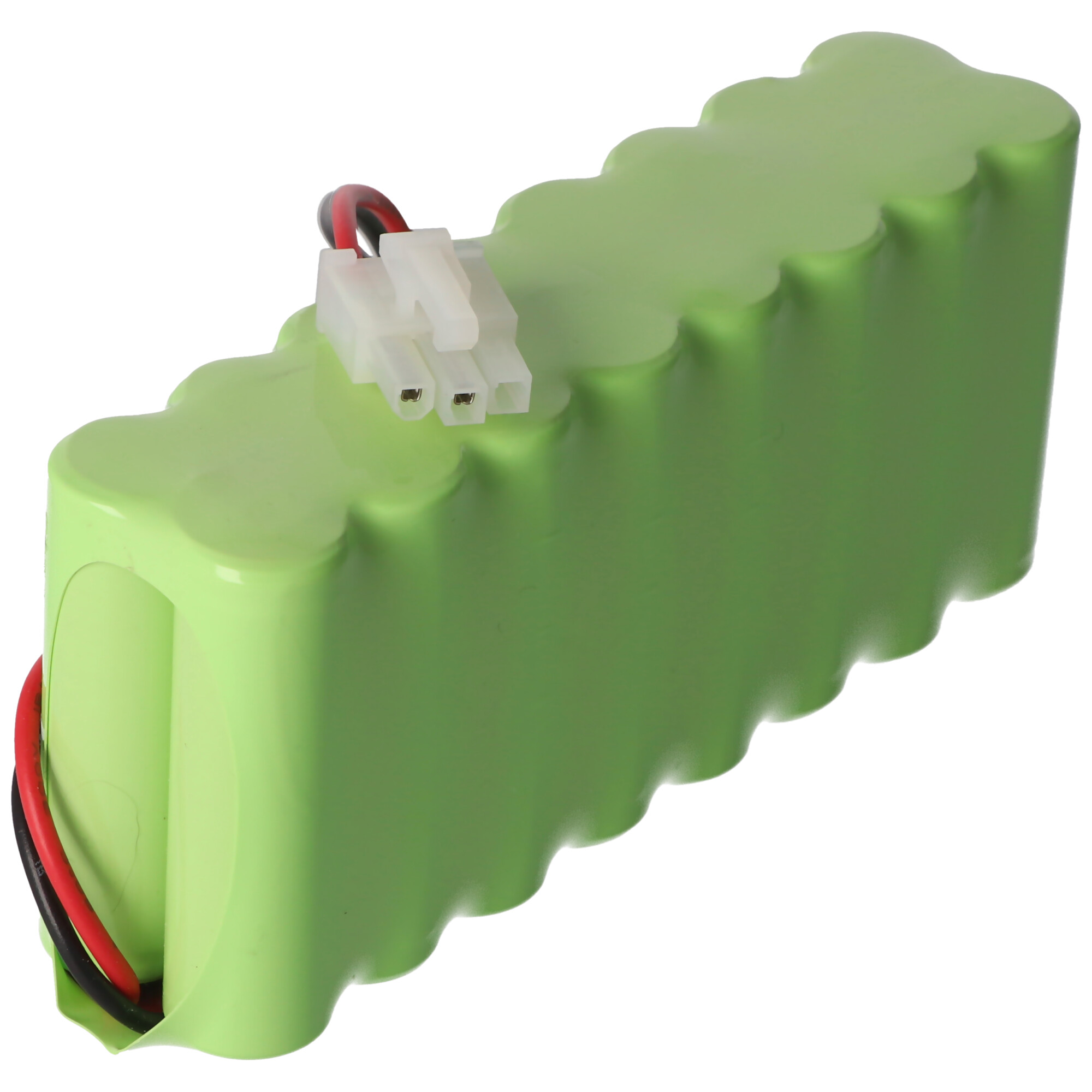 Grüner Akkupack mit rotem und schwarzem Kabel und weißem Stecker.