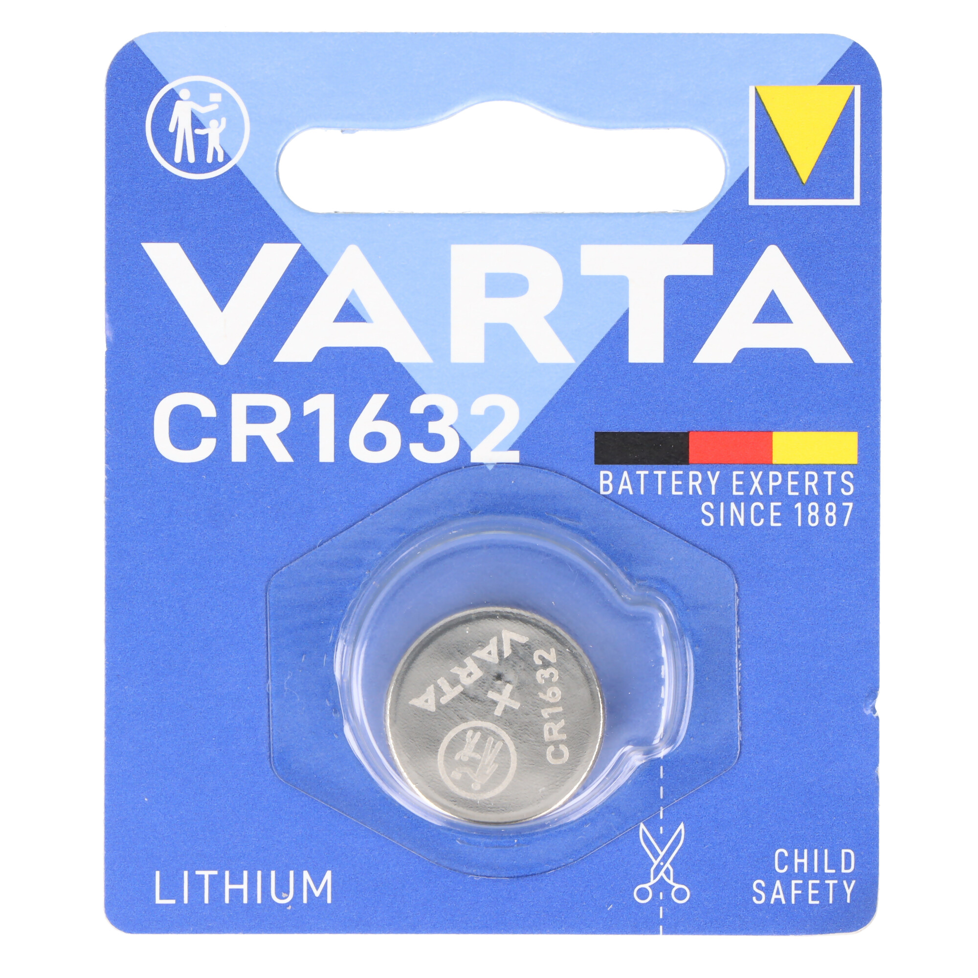 Varta CR1632 Lithium-Batterie in Blisterverpackung mit Kindersicherungssymbol.