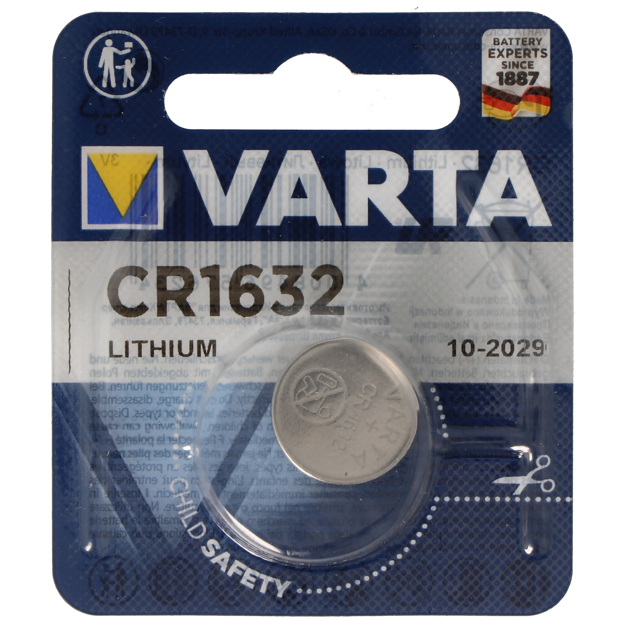 Varta CR1632 Lithium-Batterie in Blisterpackung mit Kindersicherheitswarnung.