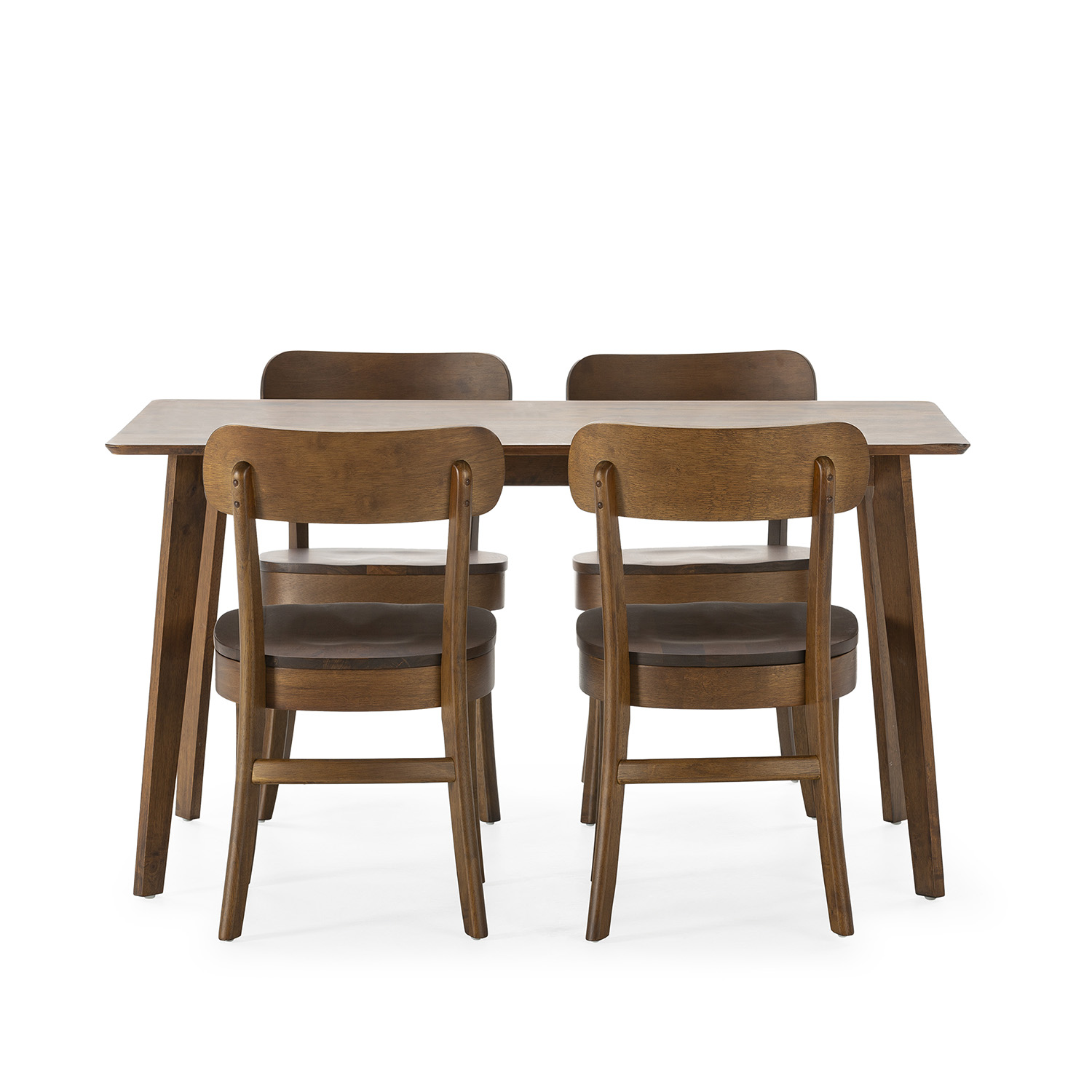 Una mesa de comedor de madera con cuatro sillas a juego, sobre fondo blanco.