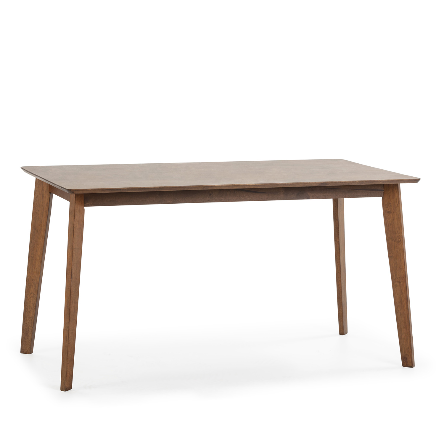 Una mesa rectangular de madera con cuatro patas inclinadas sobre fondo blanco.