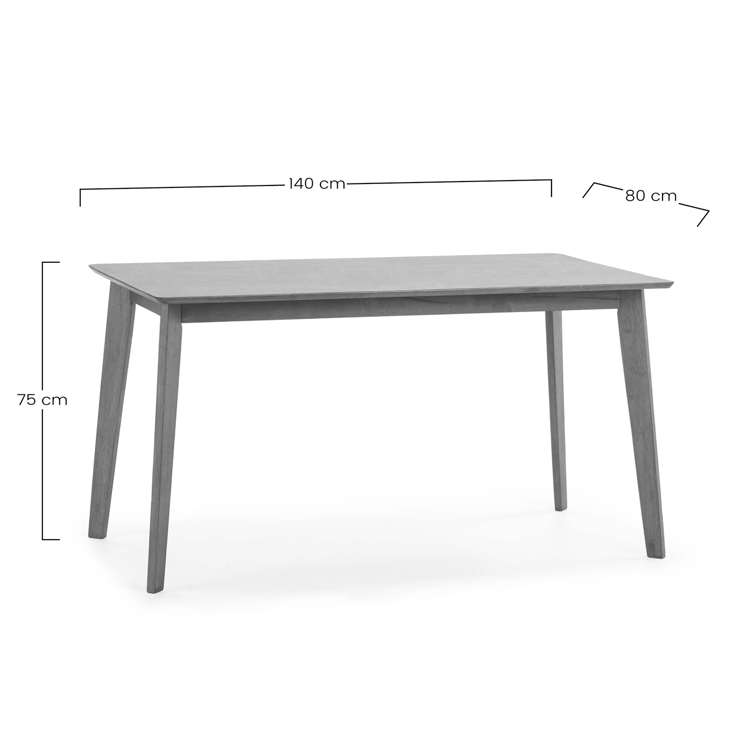Mesa de comedor gris con cuatro patas, 140cm de largo, 80cm de ancho, 75cm de alto.