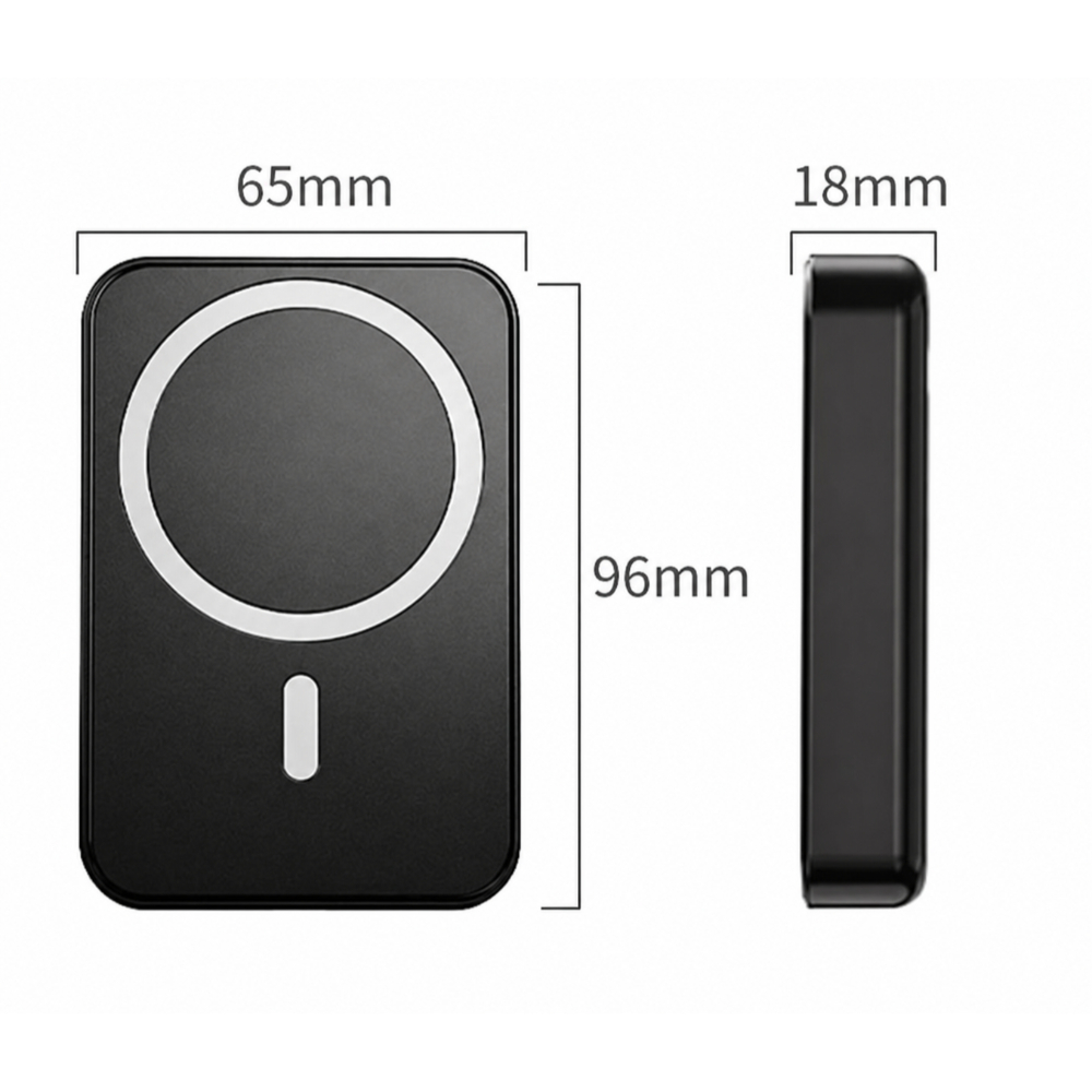 Cargador magnético negro, dimensiones 65x96x18mm.
