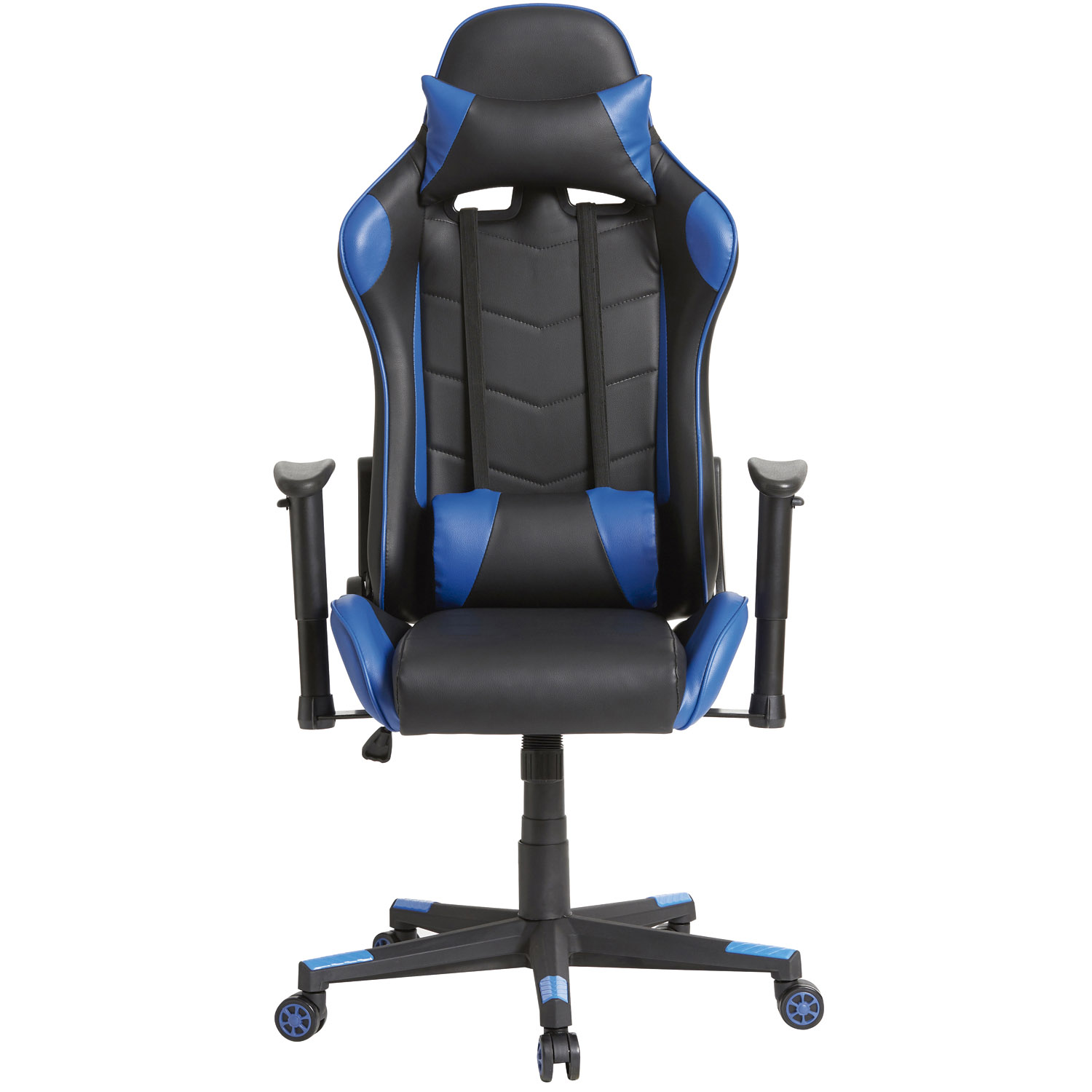 Silla gamer negra con detalles azules, cojines para cabeza y lumbares.