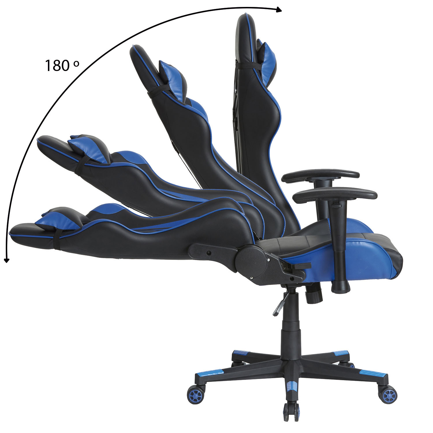 Una silla gamer azul y negra con respaldo reclinable 180 grados.