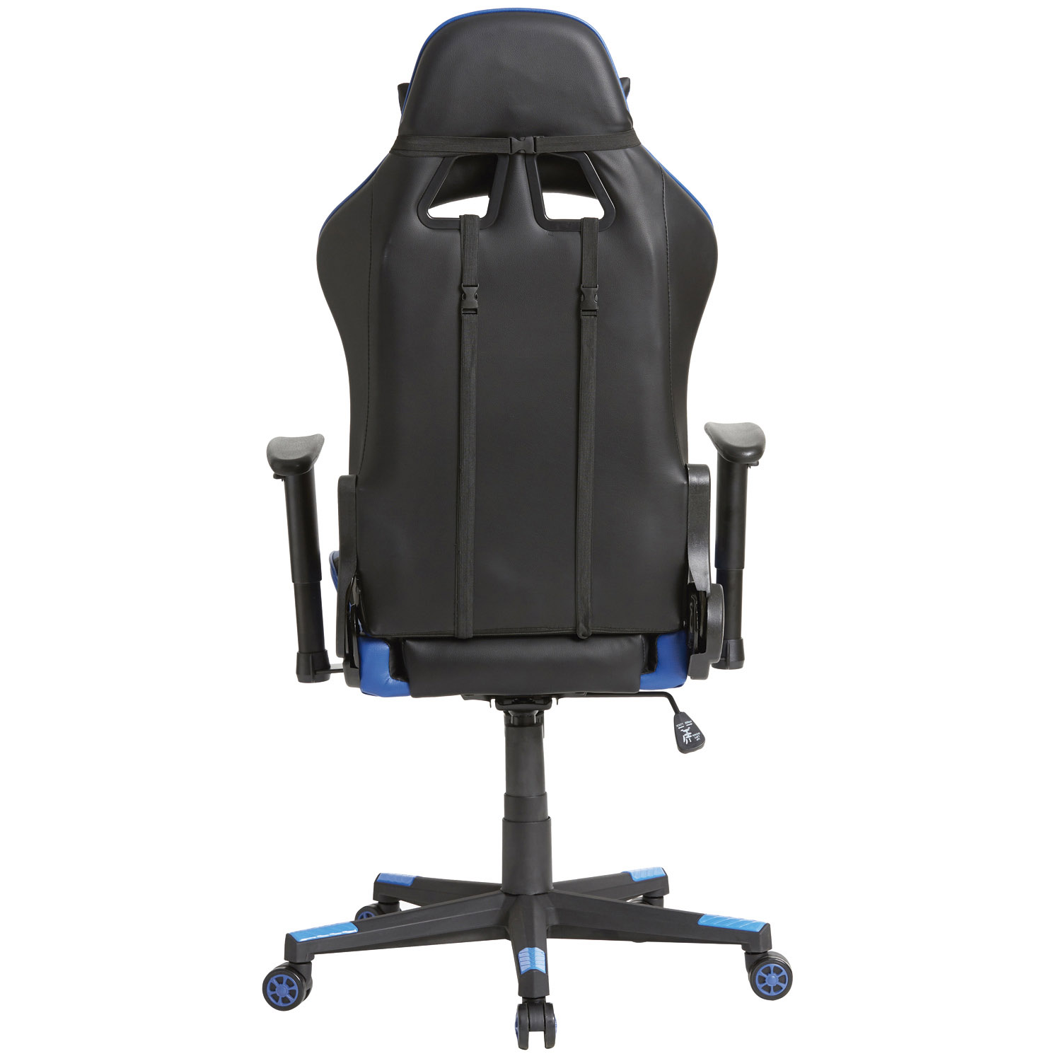 Vista trasera de una silla gamer negra y azul con reposabrazos ajustables y ruedas.
