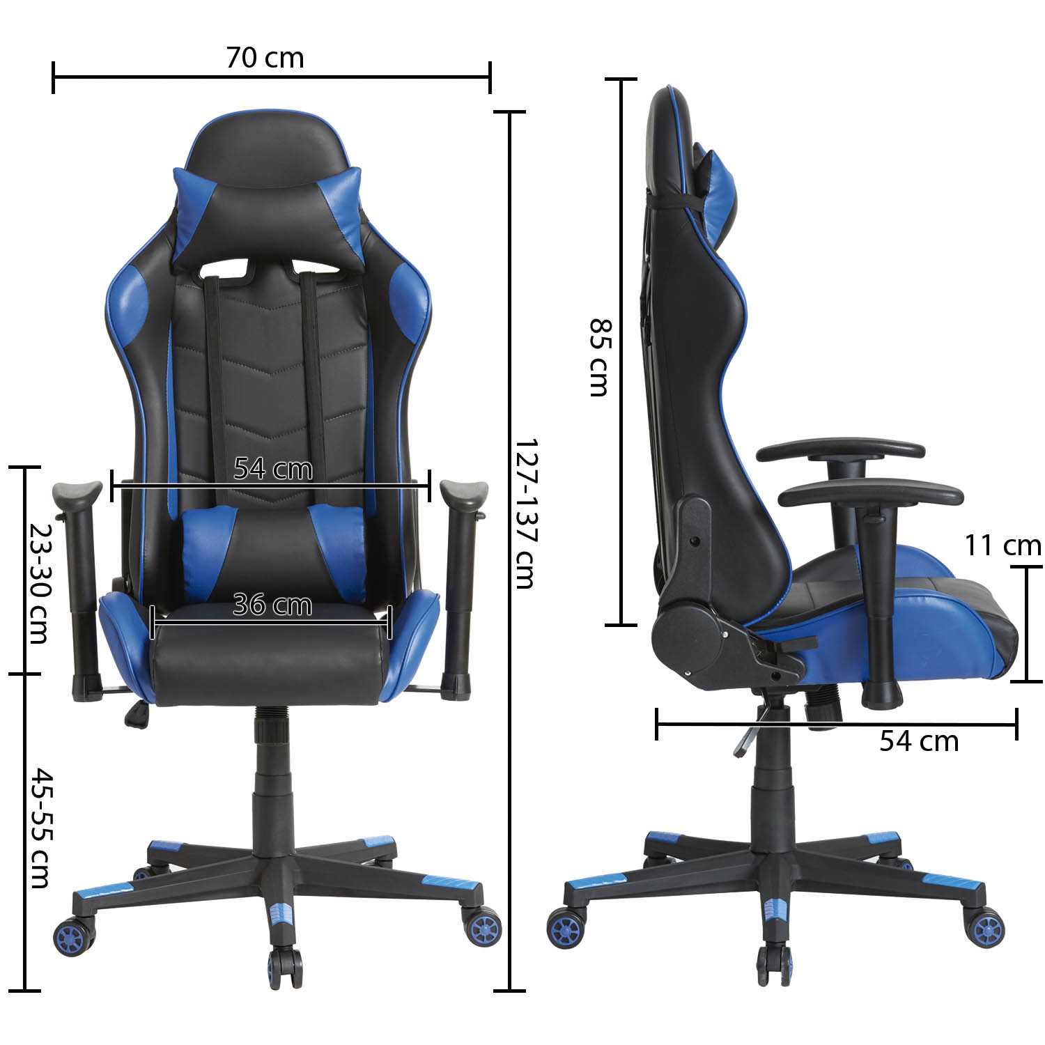 Una silla gamer negra con detalles azules, se indican las dimensiones.