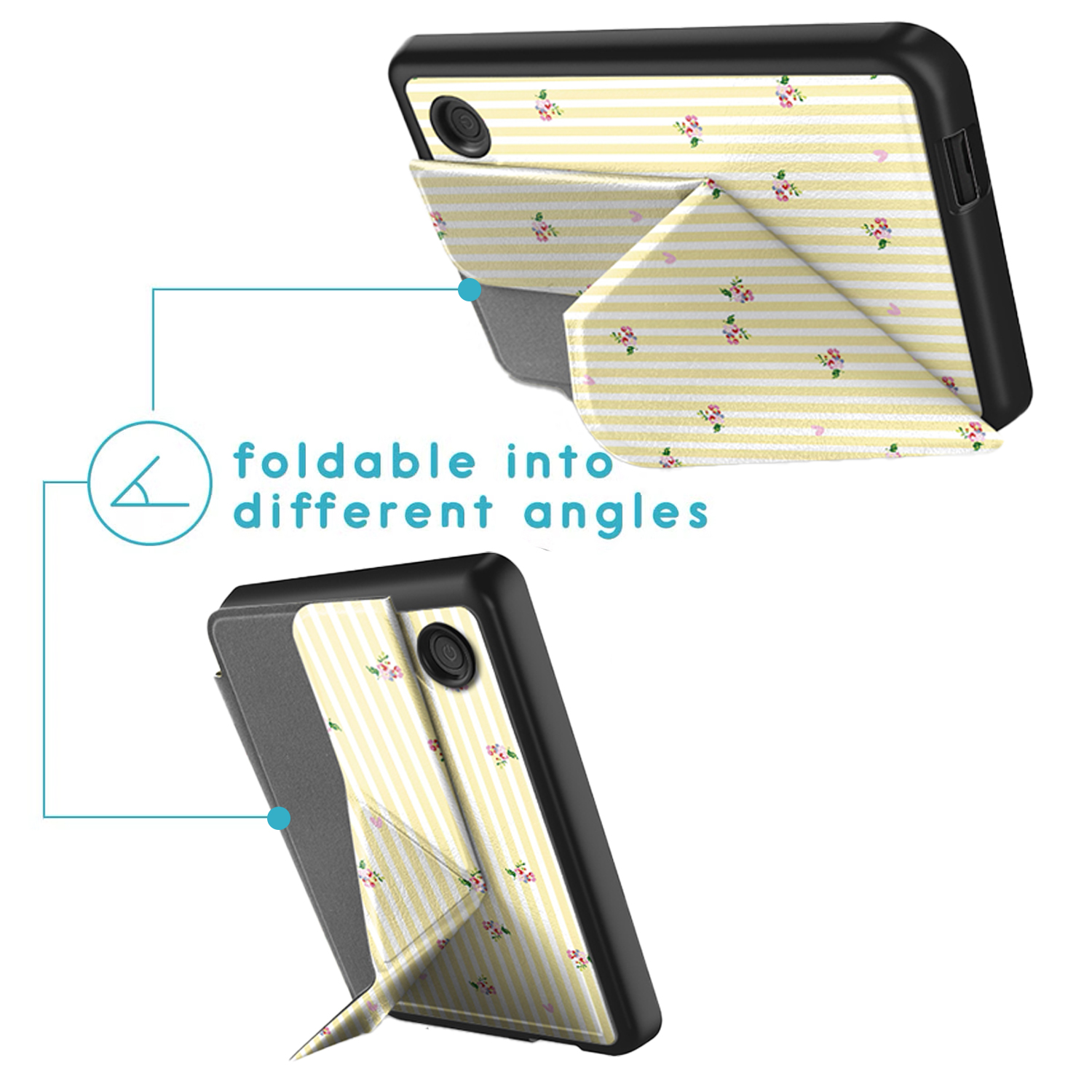 Une coque de téléphone à rayures jaunes et blanches et motif floral, pliable.
