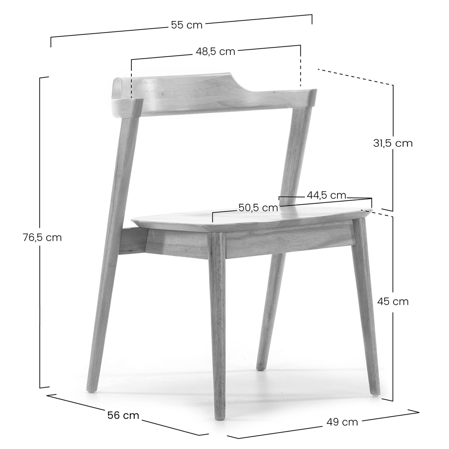 Silla de madera con dimensiones: Alto 76,5cm, Ancho 55cm, Prof. 56cm.