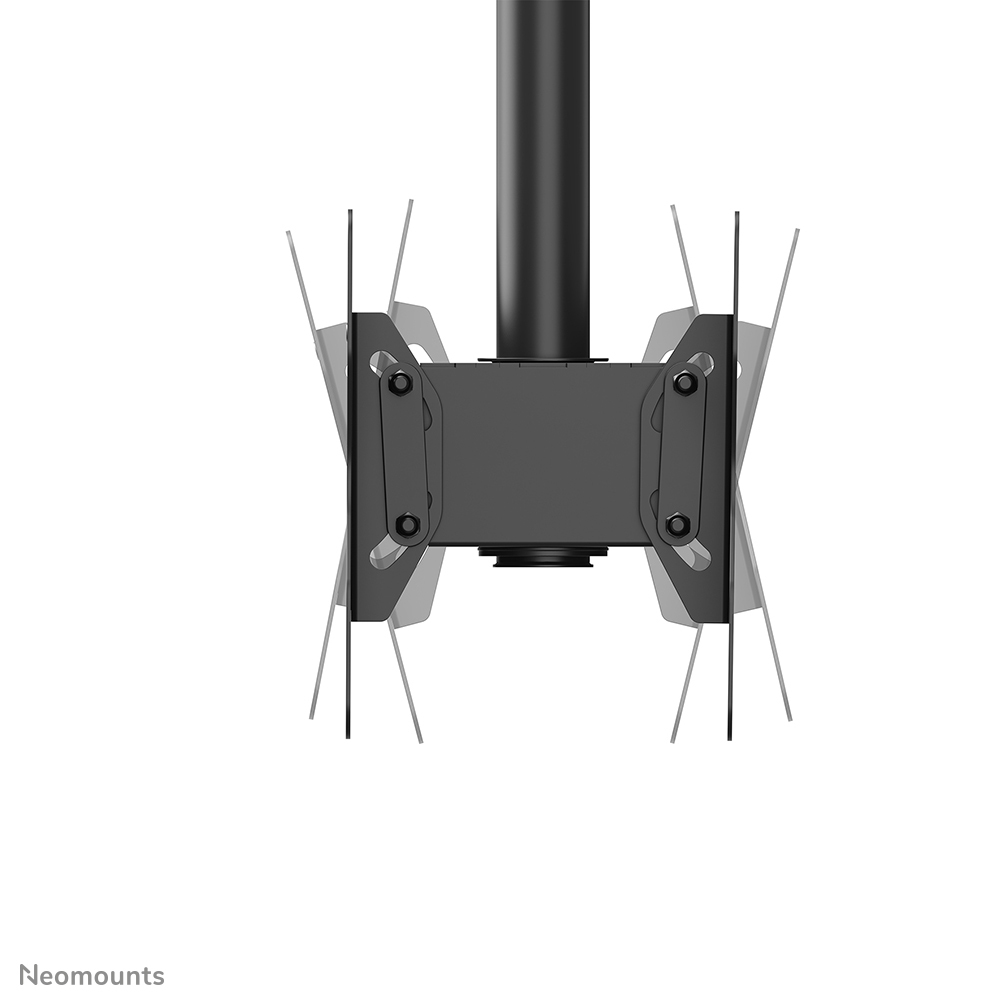 Supporto da soffitto nero con bracci regolabili per schermo.