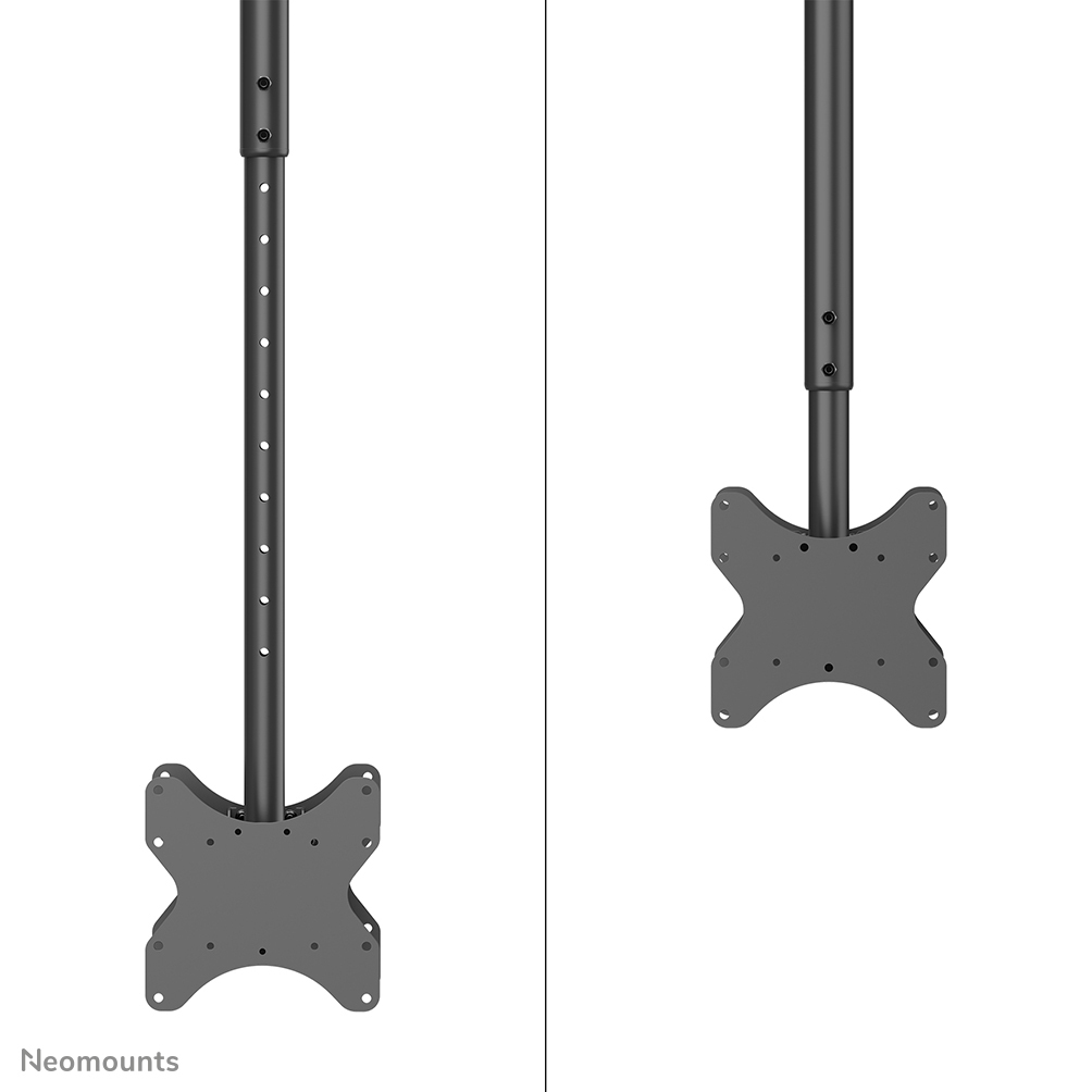 Due supporti da soffitto grigio scuro con pali regolabili e piastre a forma di X.