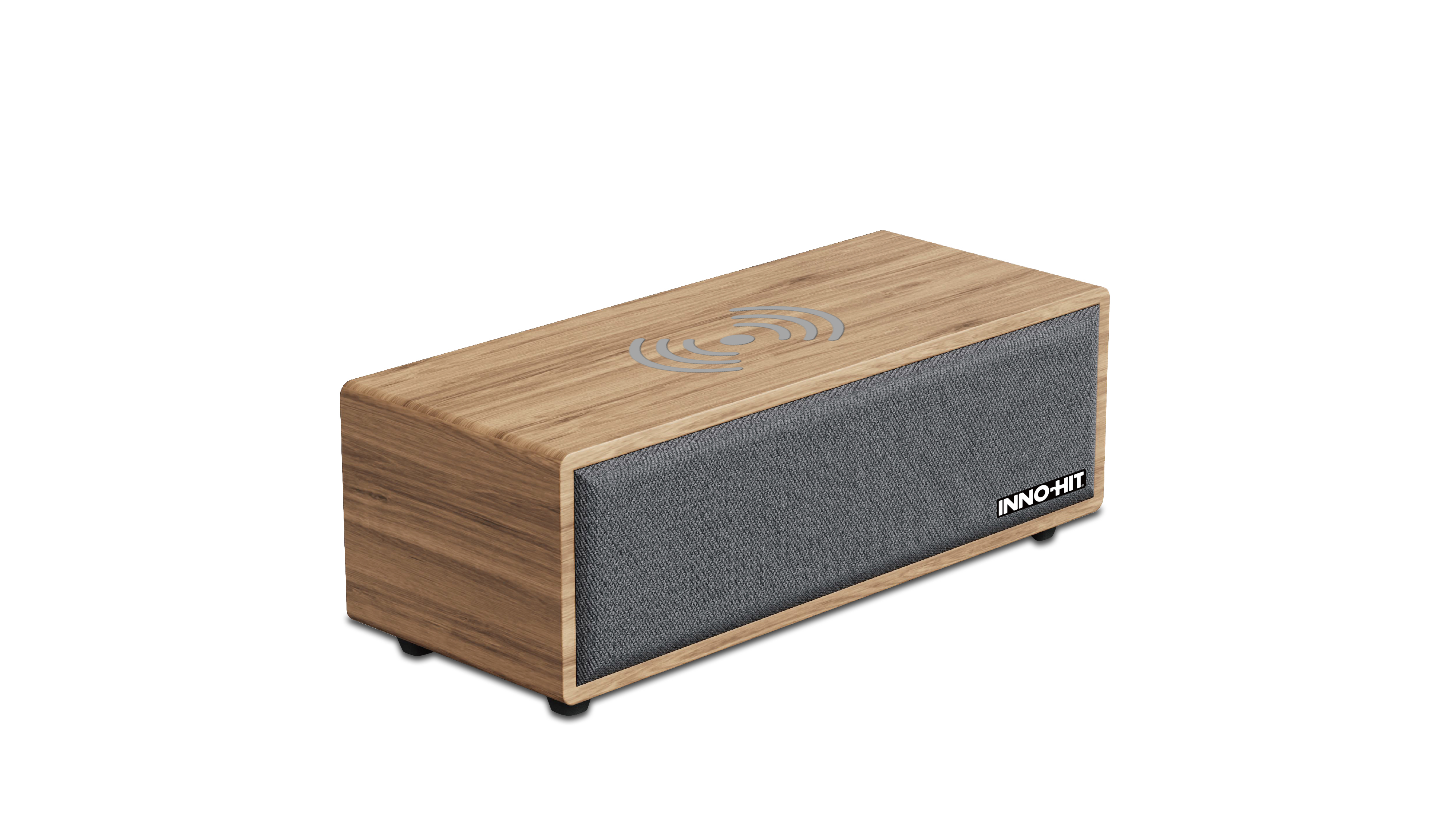 Holzgehäuse-Lautsprecher mit Stofffront und Logo.
