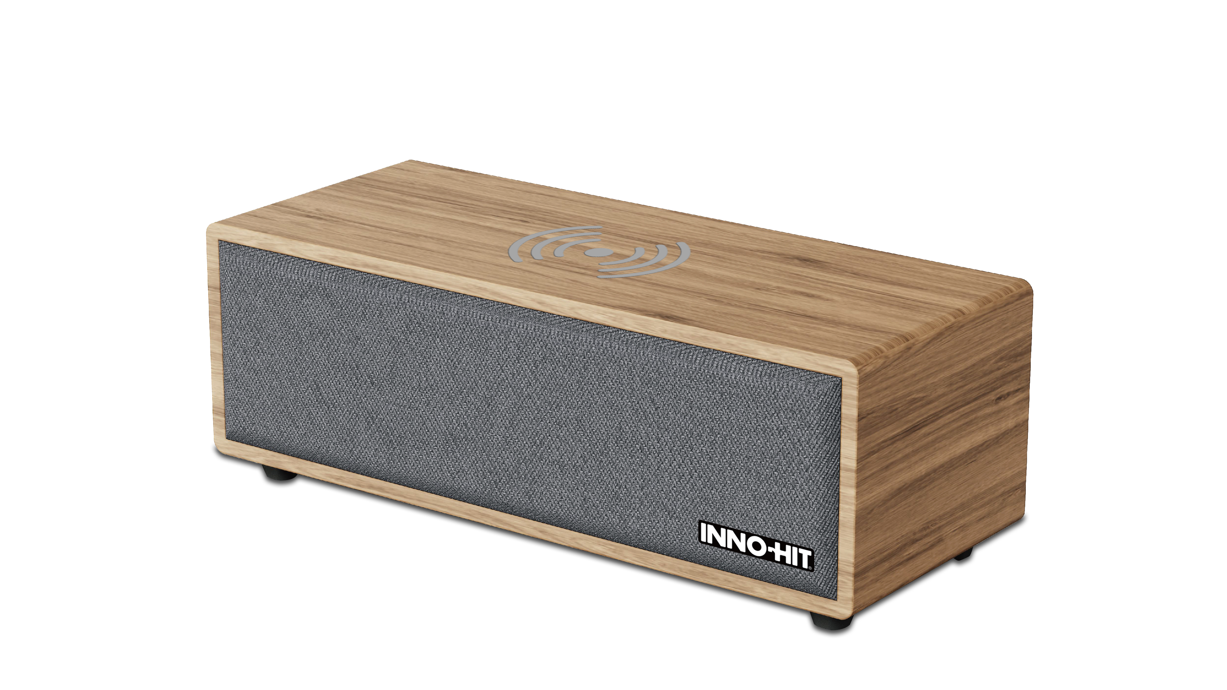 Ein Holzgehäuse-Lautsprecher mit grauer Stofffront und einem Lade-/WLAN-Symbol.