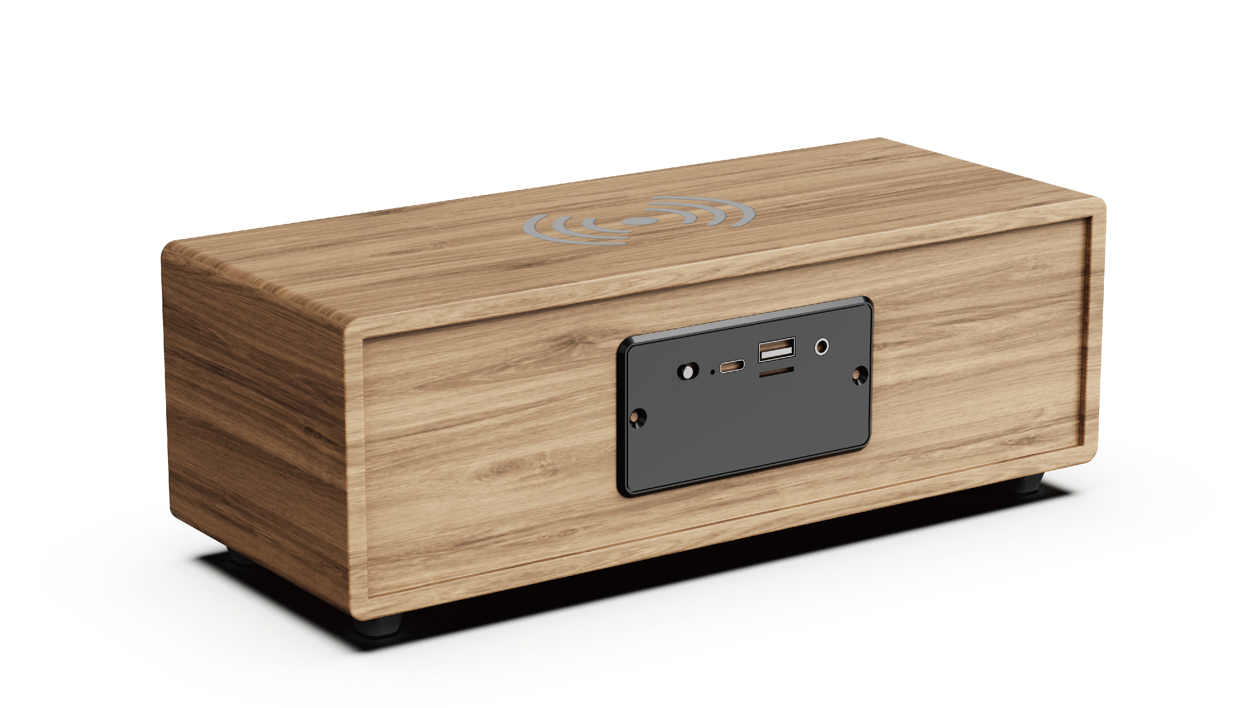 Holzfarbener Lautsprecher mit Ladefläche und USB-Anschlüssen.
