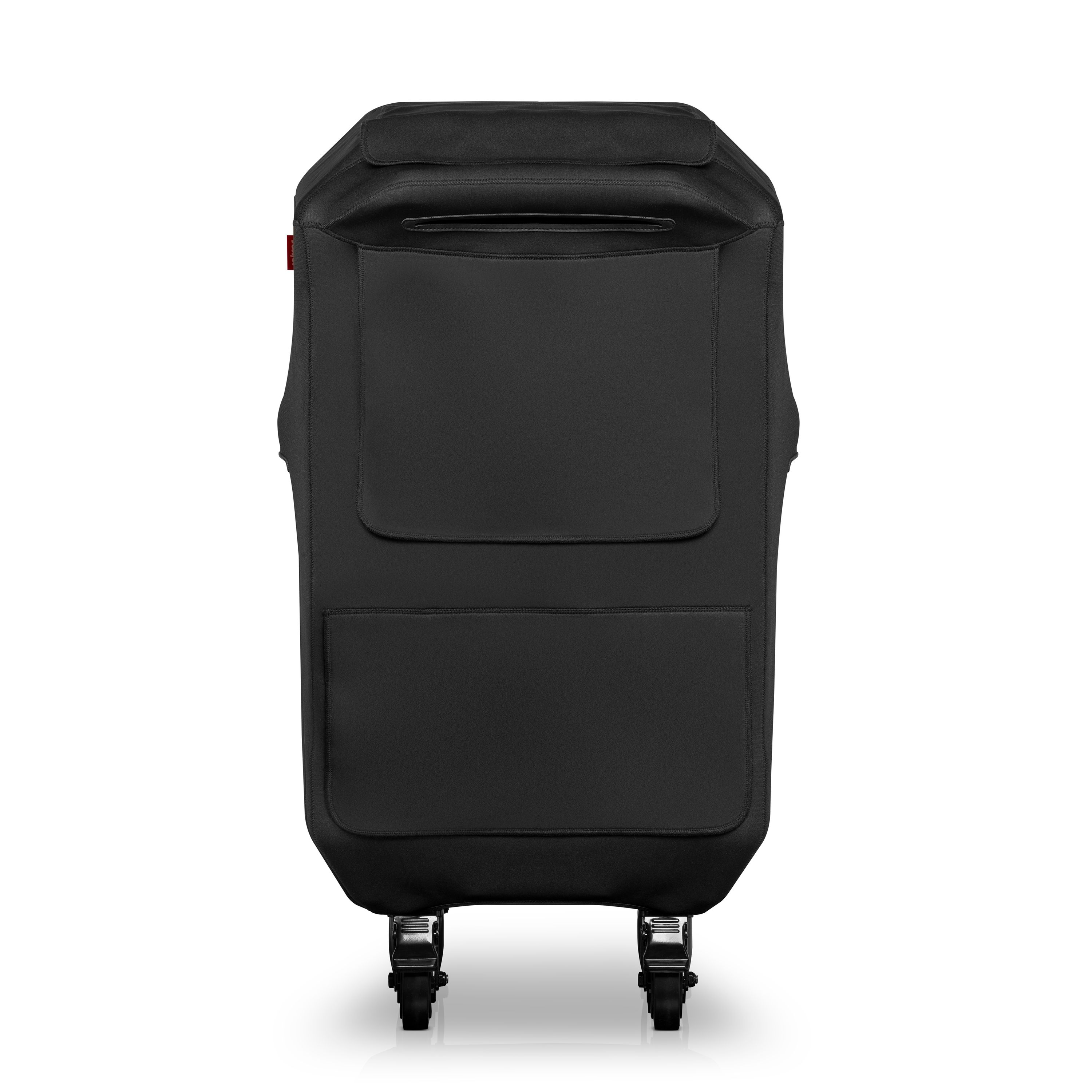 Schwarze Tasche mit Rollen und mehreren Fächern.