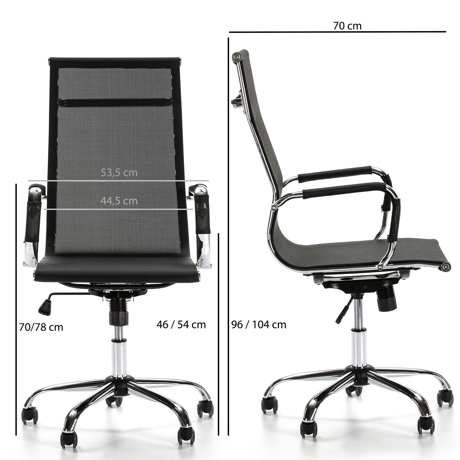 Silla de oficina negra de malla con base cromada y ruedas. Se muestran las dimensiones.