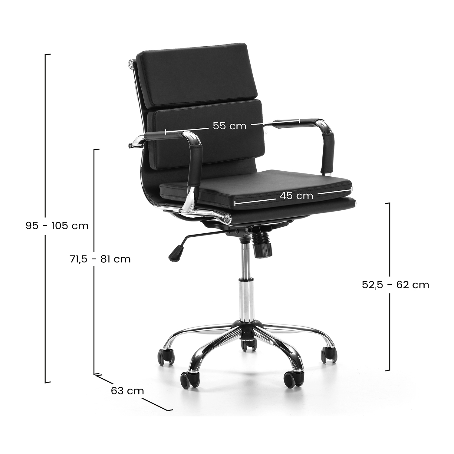 Silla de oficina negra con detalles cromados y ruedas. Se indican las dimensiones.