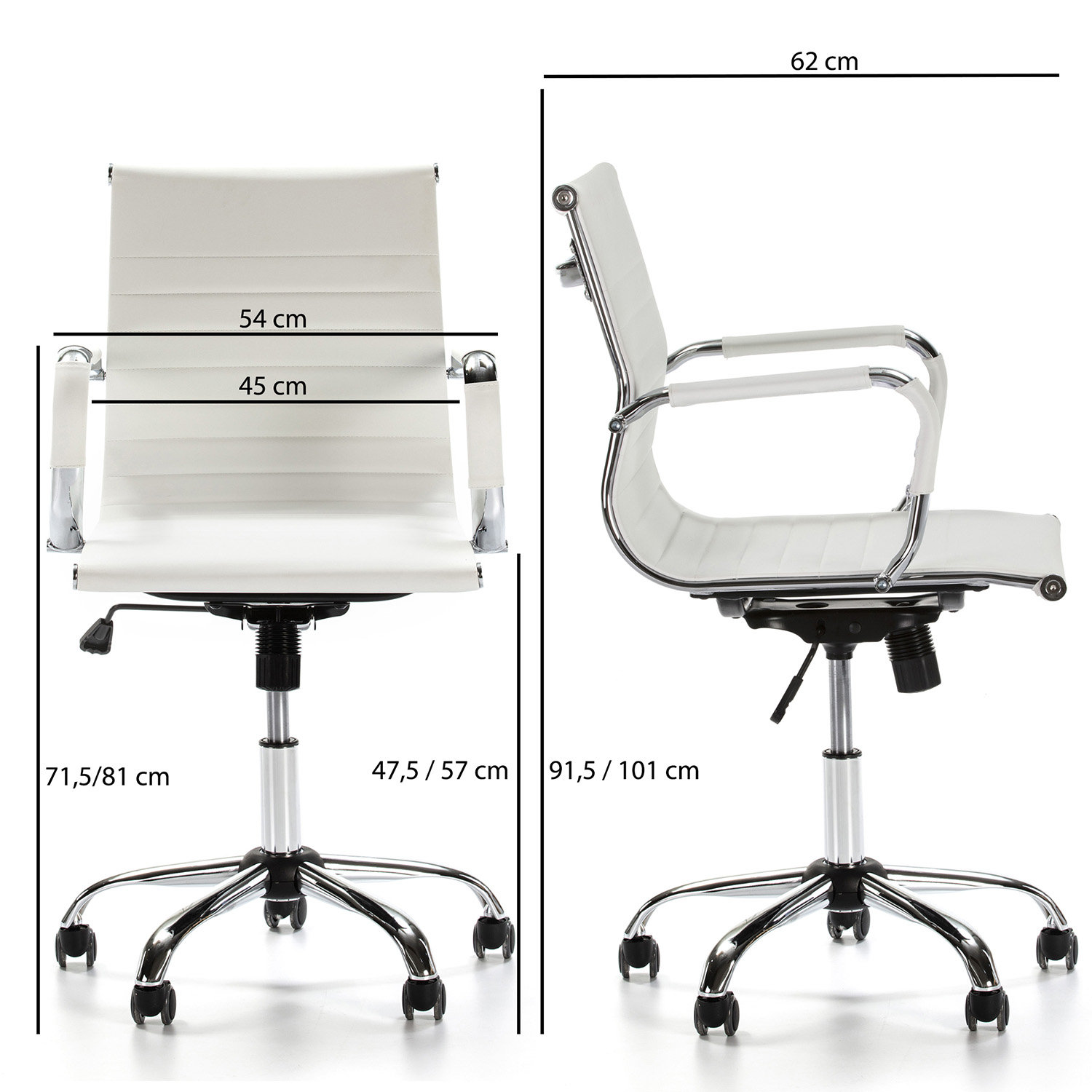 Silla de oficina blanca con base y ruedas cromadas. Se indican dimensiones.