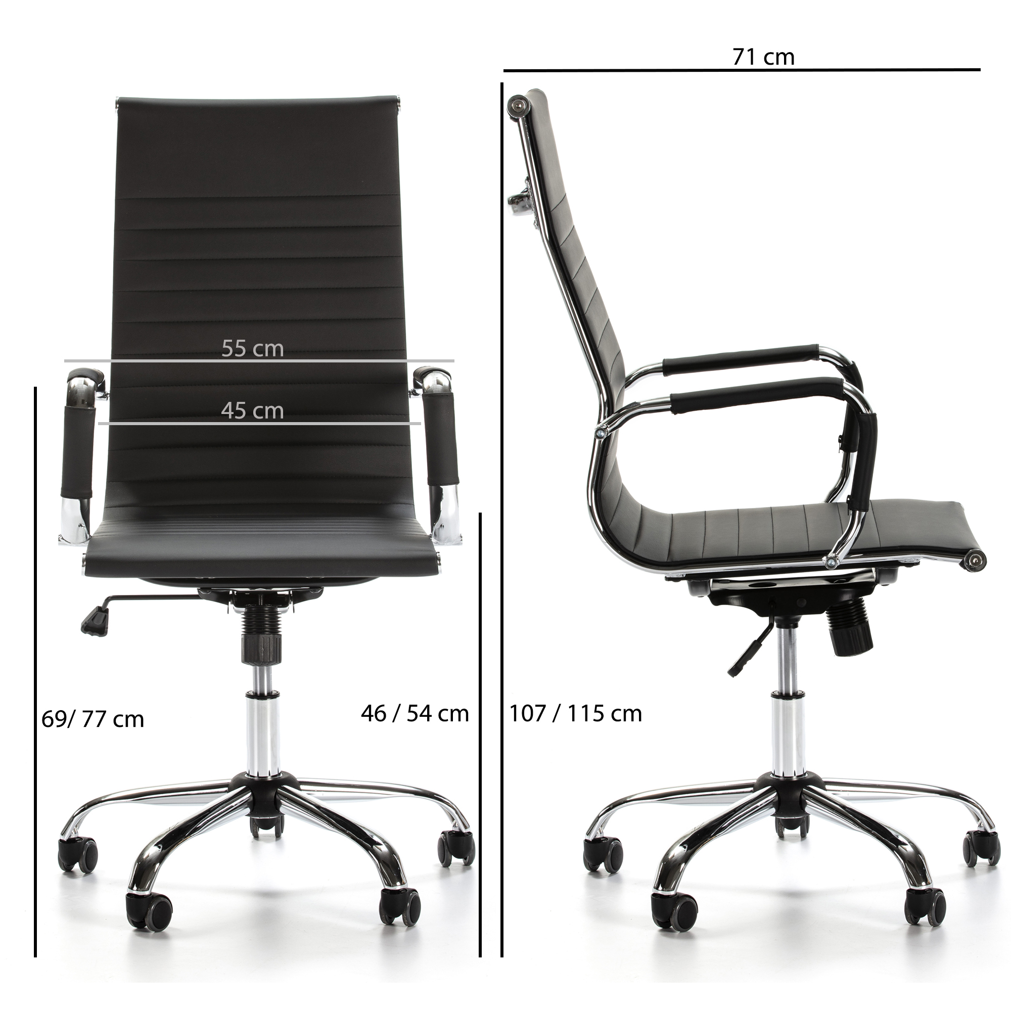 Silla de oficina negra con detalles cromados y ruedas, medidas indicadas.