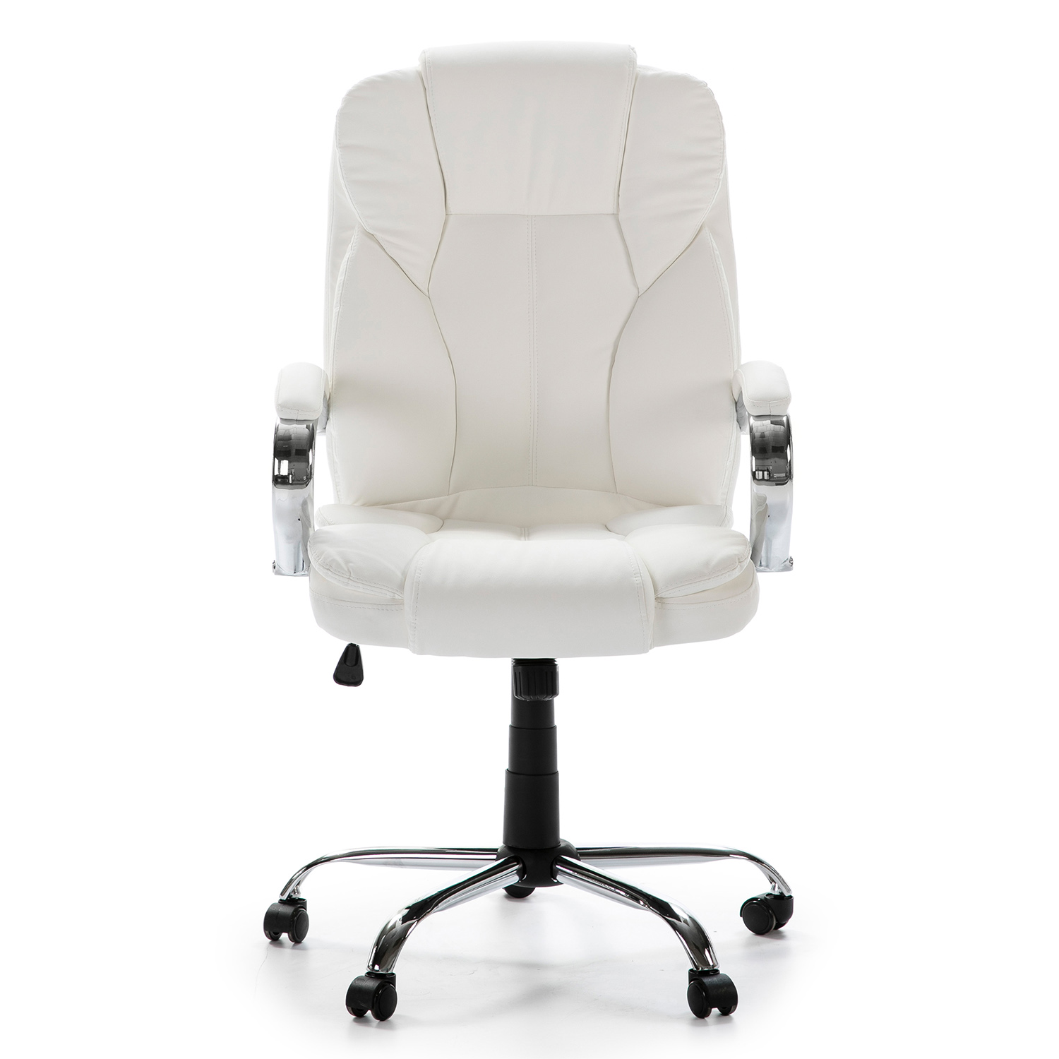 Una silla de oficina blanca con detalles cromados y ruedas.