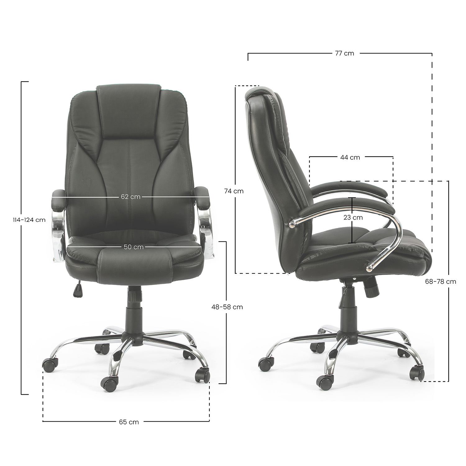 Silla de oficina negra con detalles cromados y ruedas, con medidas.