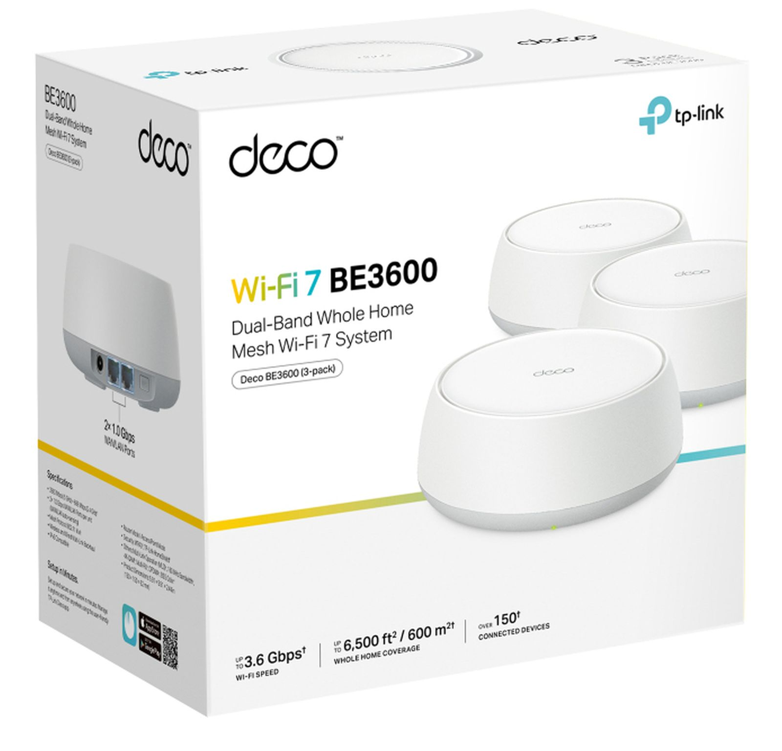 Verpackung für TP-Link Deco BE3600 Mesh-System mit 3 Geräten und Anschlüssen.