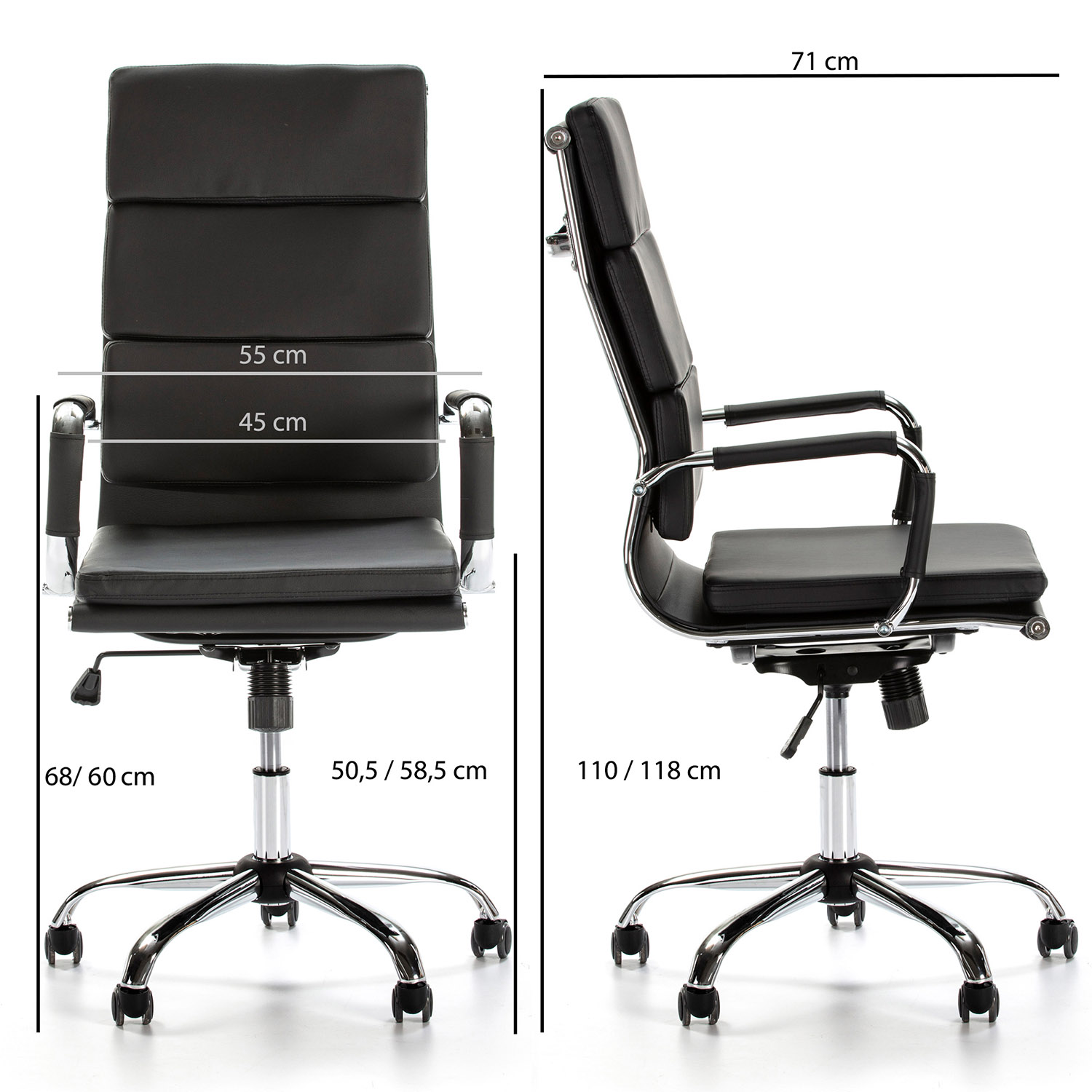 Silla de oficina negra con detalles cromados y ruedas, se muestran dimensiones.